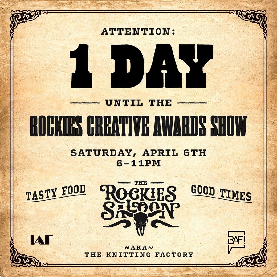 Just 1 day left until the Rockies Creative Awards Show this Saturday!! There is still time to get your tickets, but don&rsquo;t wait too long - this event is filling up fast and is set to be the biggest Rockies yet! Link in bio! 🤠

#BAF #IAF #BoiseA