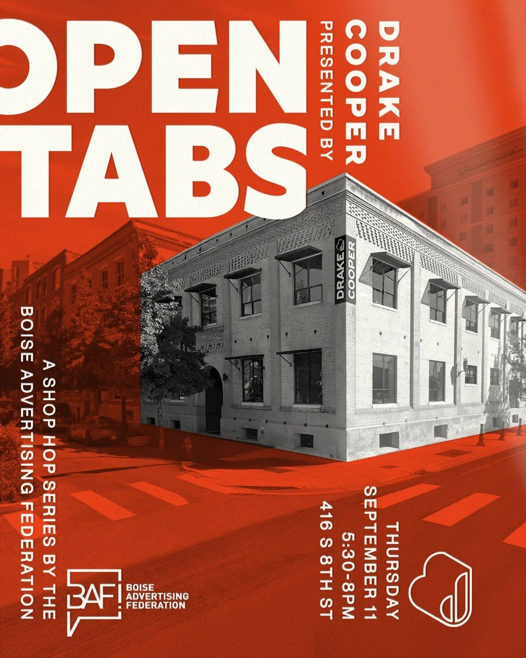 This week! Tour their space, meet the team, and hang with Boise&rsquo;s creative community over a cold one.

📅 Thursday, Sept 11 | 5:30&ndash;8:00 PM
📍 Drake Cooper | 416 S 8th St, Boise

#OpenTabs
#BoiseAdFed
#BoiseAdvertising
#BoiseCreative
#Down
