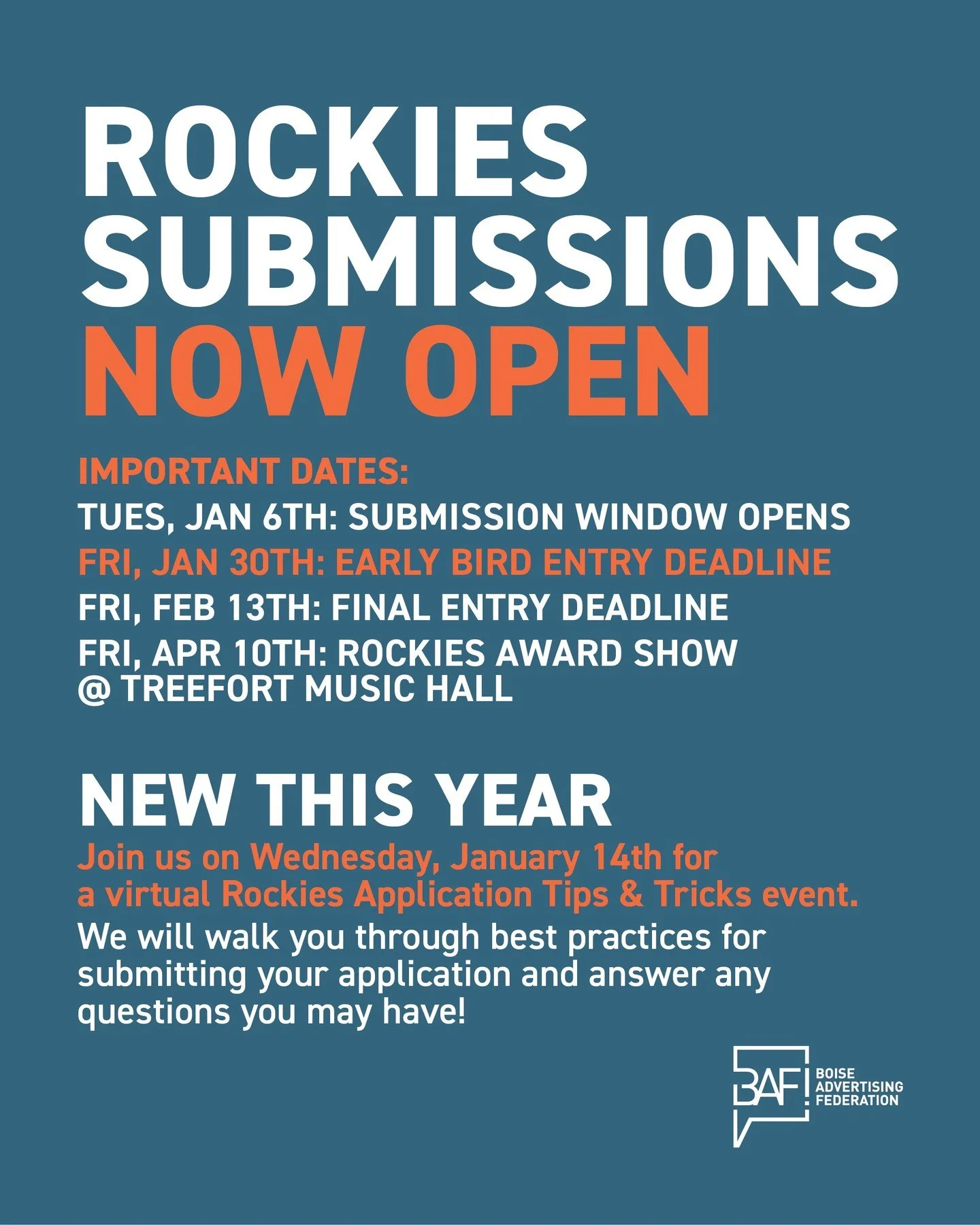 The time has come! 📣

Submissions are OPEN for the 2026 Rockies, folks. Link in bio to submit. Hit that early bird deadline (January 30th) to start the year off right by saving some money on your submissions 🦅

Plus: join us on Wednesday, January 1