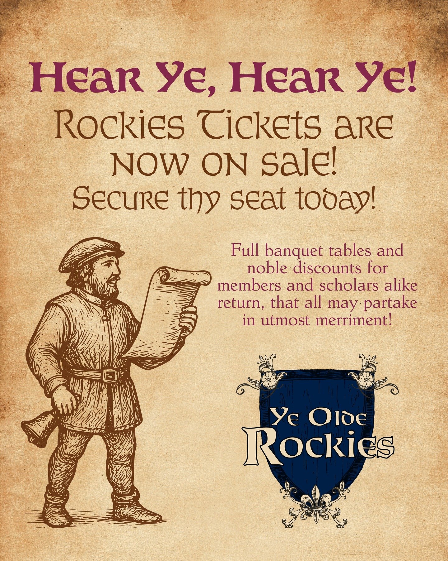 ROCKIES TICKETS ARE ON SALE! 💥💥💥

That's three boom emojis, because you don't want to miss out on this. Get your tickets to Ye Olde Rockies today before ye ticket well runneth dry!

Tickets available at the link in our bio. Accept thy summons. 📜