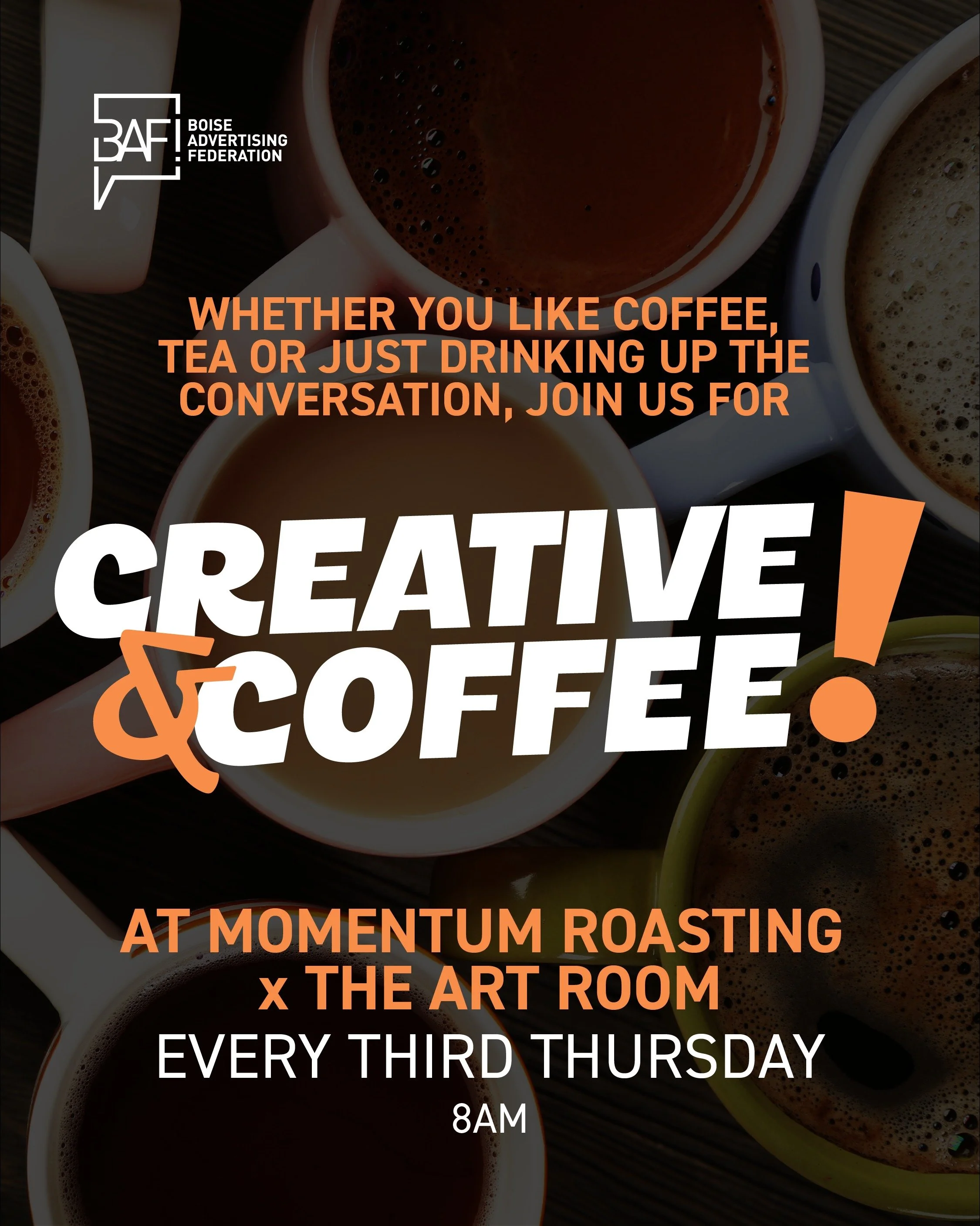 Creative &amp; Coffee is inbound THIS THURSDAY! No RSVP required. Just show up with your smile, and network with fellow creatives who share your passion.

Meet us at Momentum Roasting x The Art Room, 8AM sharp.