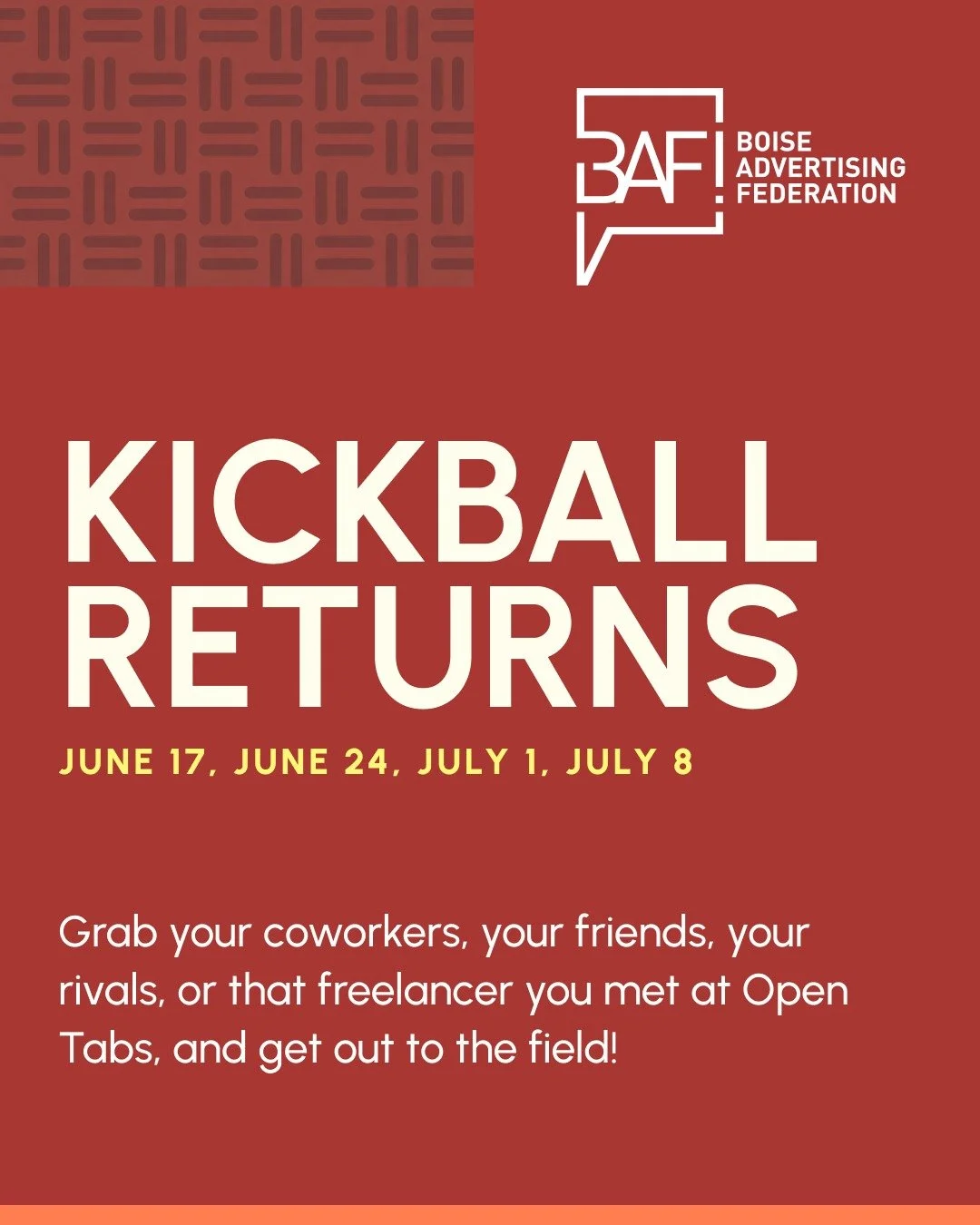 You read that right - BAF Kickball returns not one, but four times. Don't wait to get your team signed up! We've got limited slots we expect to fill quickly.

No experience required. Just bring a good attitude and even better outfits.

⭐Minimum of 5 