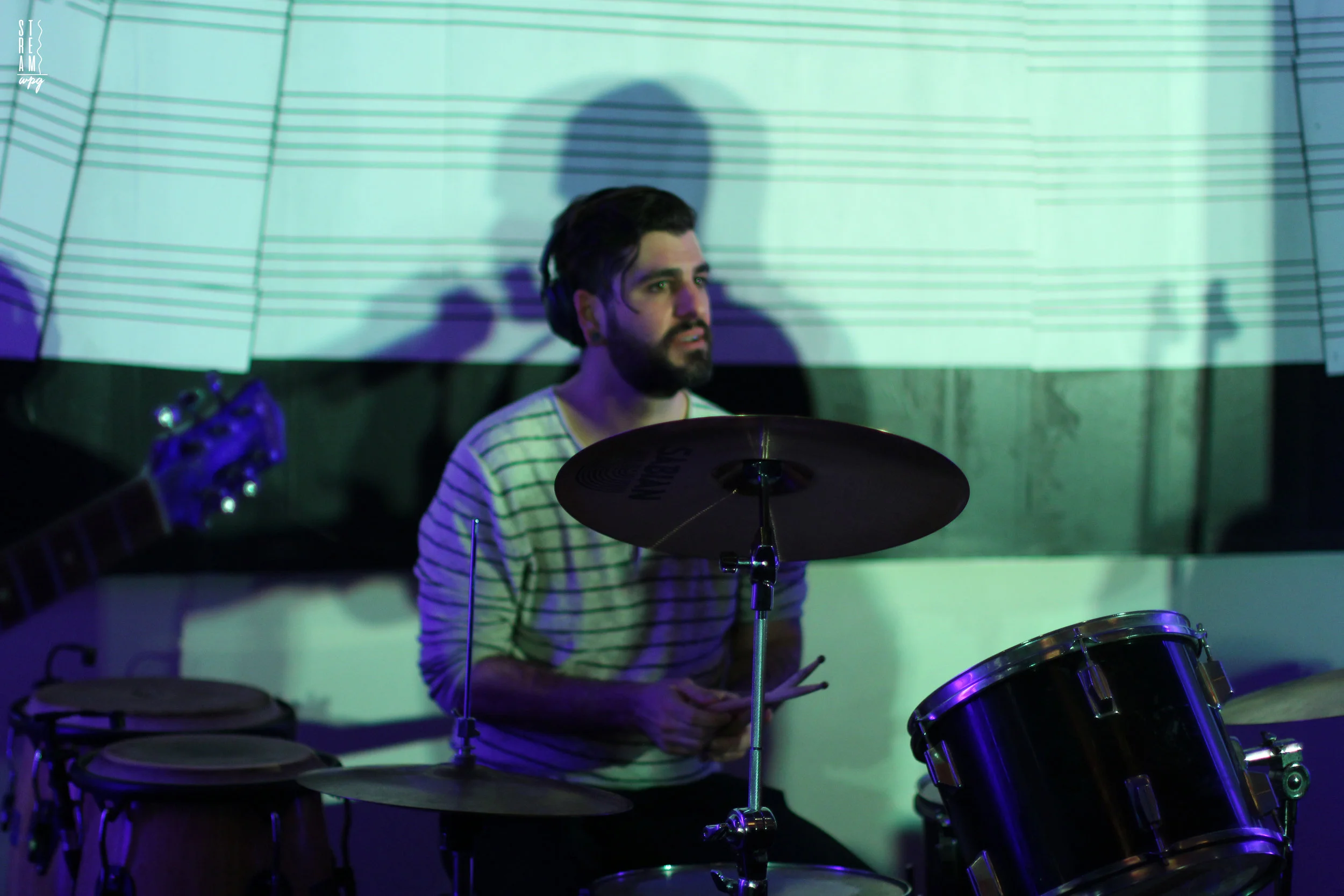Percussionist extraordinaire Tony Bryson held it down for both Beatox + Malcolm-Jay's set on drum kit and congos - January 28, 2017. p, aidan cloet
