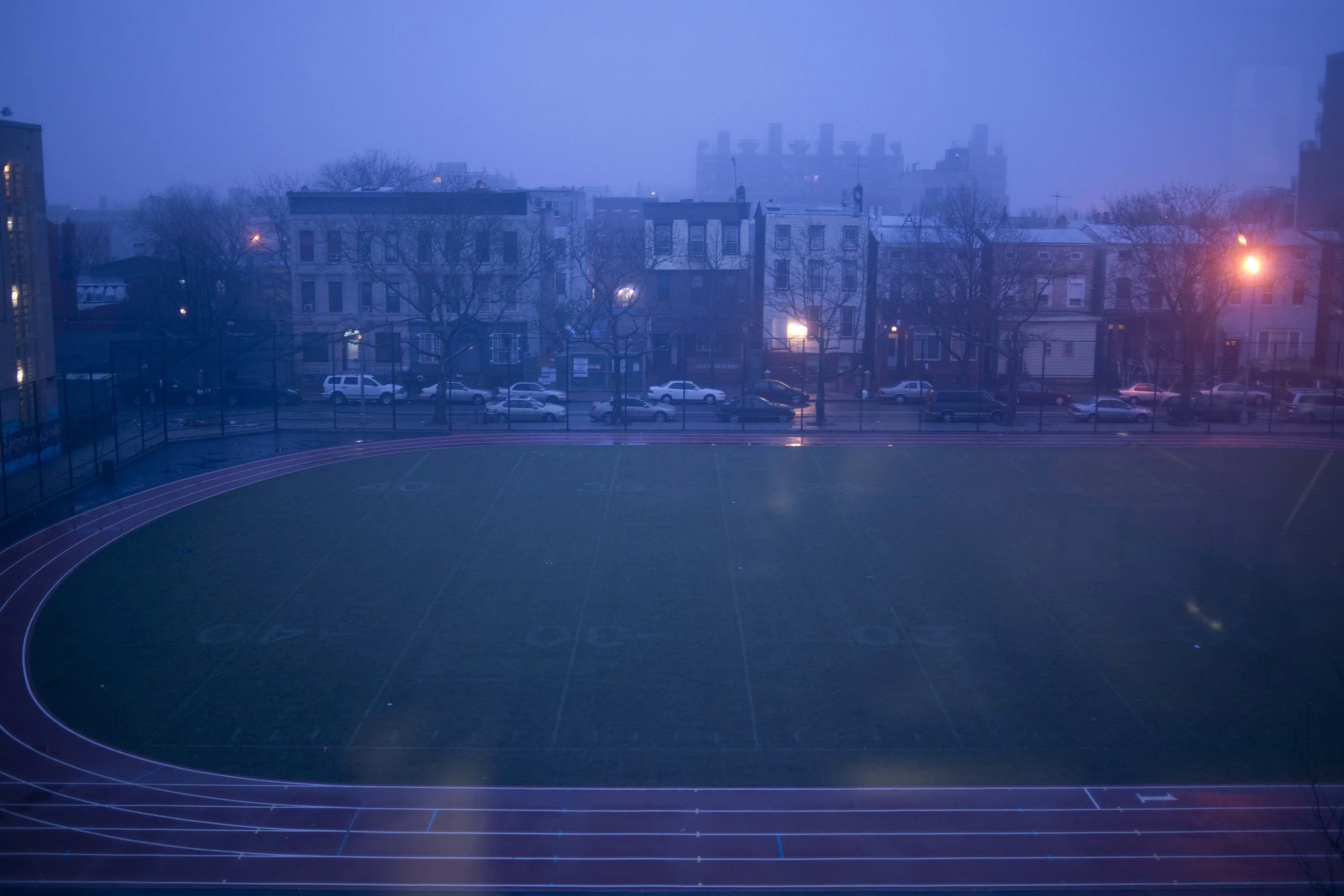A view of the school's track from Ms. Bujan's classroom window at 6:30 a.m.