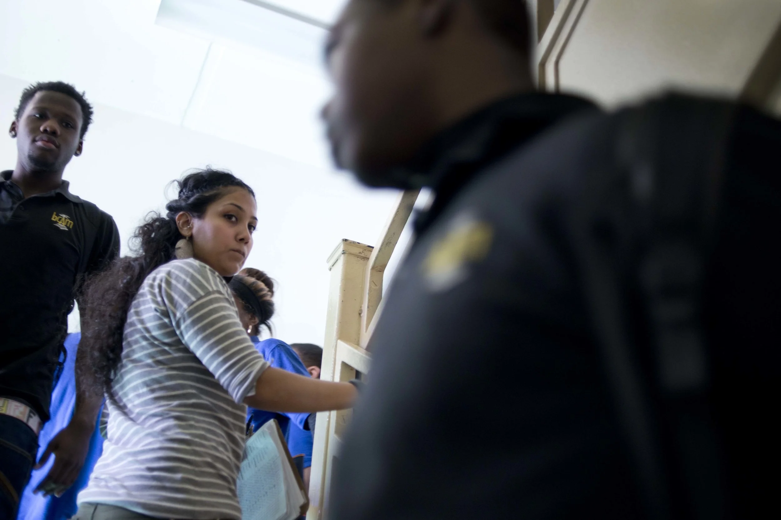 Ms. Bujan reacts after a student makes a rude comment to her in the stairwell.