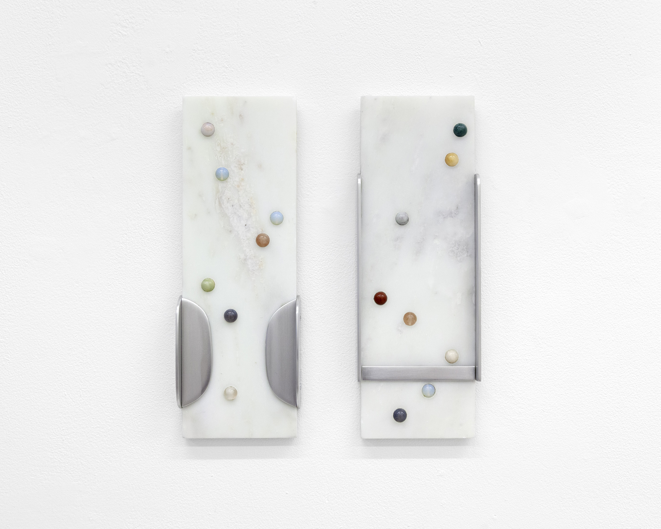 “Marble with Marbles” (1, 2)  4” x 12” x 1” Carrara marble tile, glass beads, marbles aluminum 2018
