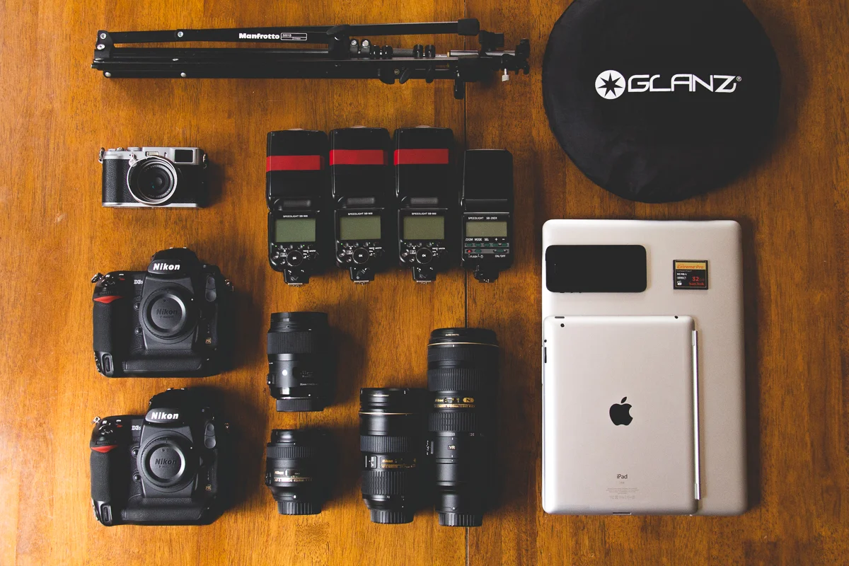 This is the work kit. As you can see, the core set from the previous post is all there. I’d never use all this at once, and mostly it rolls around in one of these that stays in the car. I use the 35 and 85 mostly, and the 24-70 is rarely used at anything other than 24mm! I use the 70-200 sparingly but it’s lovely for headshots as the compression at 200mm is great. The 24-70 will be replaced in this kit by the 24/1.4G really soon. The reflector and light stand are great tools, and I use a bunch of softboxes and umbrellas when required.