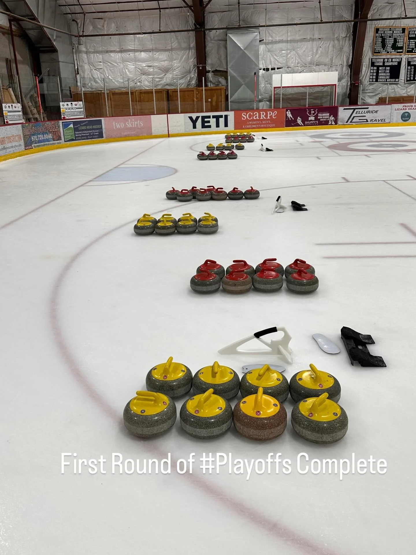 First Round of playoffs completed. Teams moving forward to semi finals:
Meet the Flintstones, Heron Curlers, Tough Sheet and I Swept with Your Wife.  Semi finals Monday Feb 23 at 9:00.  Come on down and cheer Telluride Curlers !!! Good Curling.