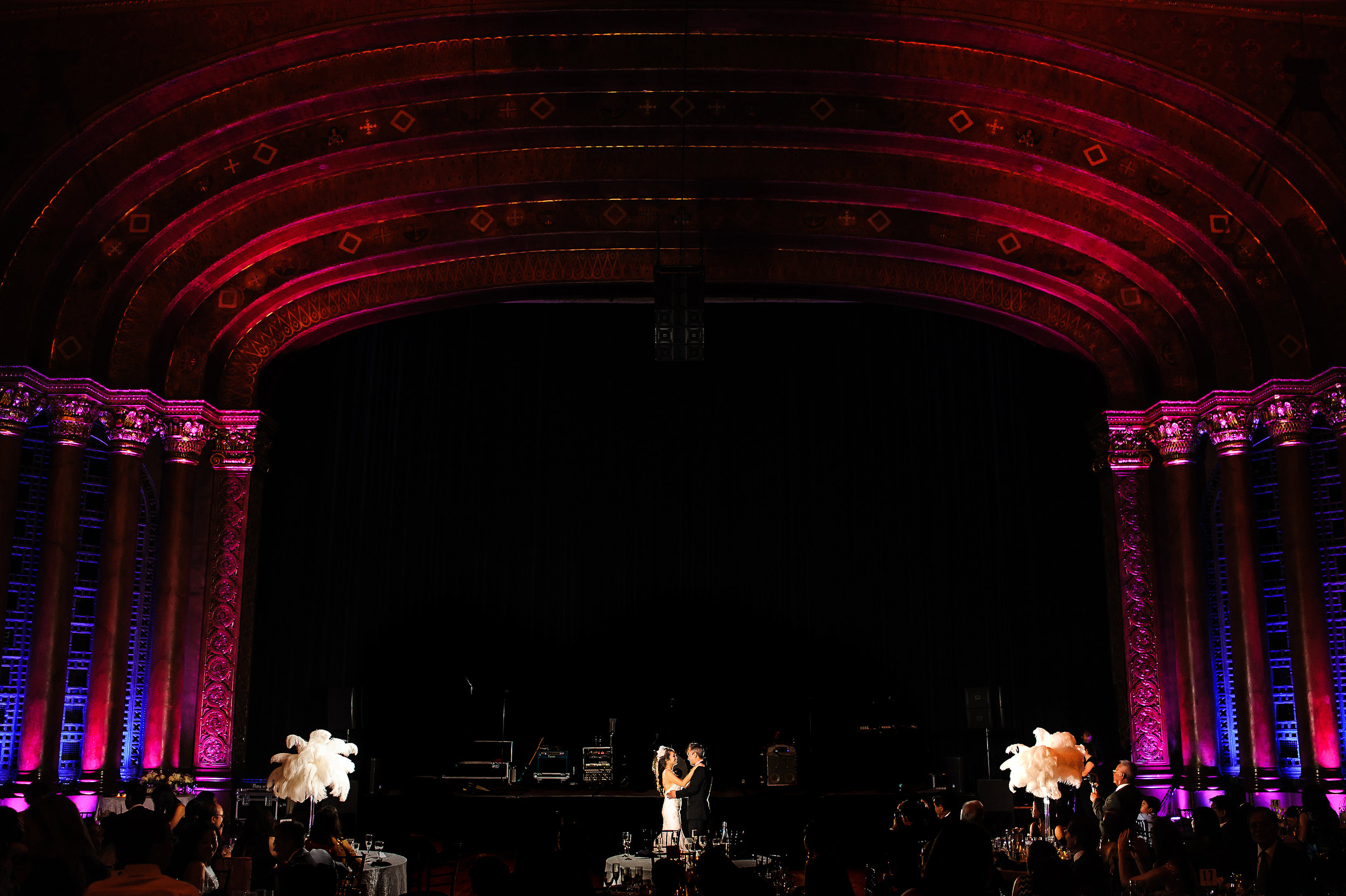  Epic uplighting during bride and grooms first dance during wedding at the Memorial Auditorium in Sacramento California. &nbsp; 