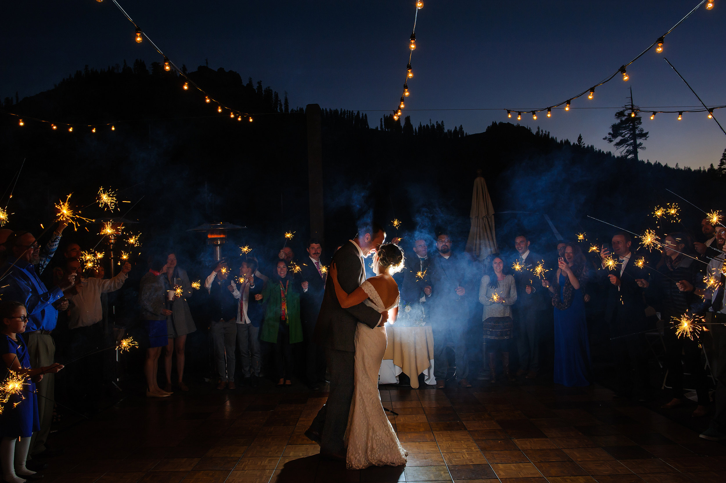  Sparklers during first dance wedding at Sugar Bowl Ski Resort in Tahoe California 