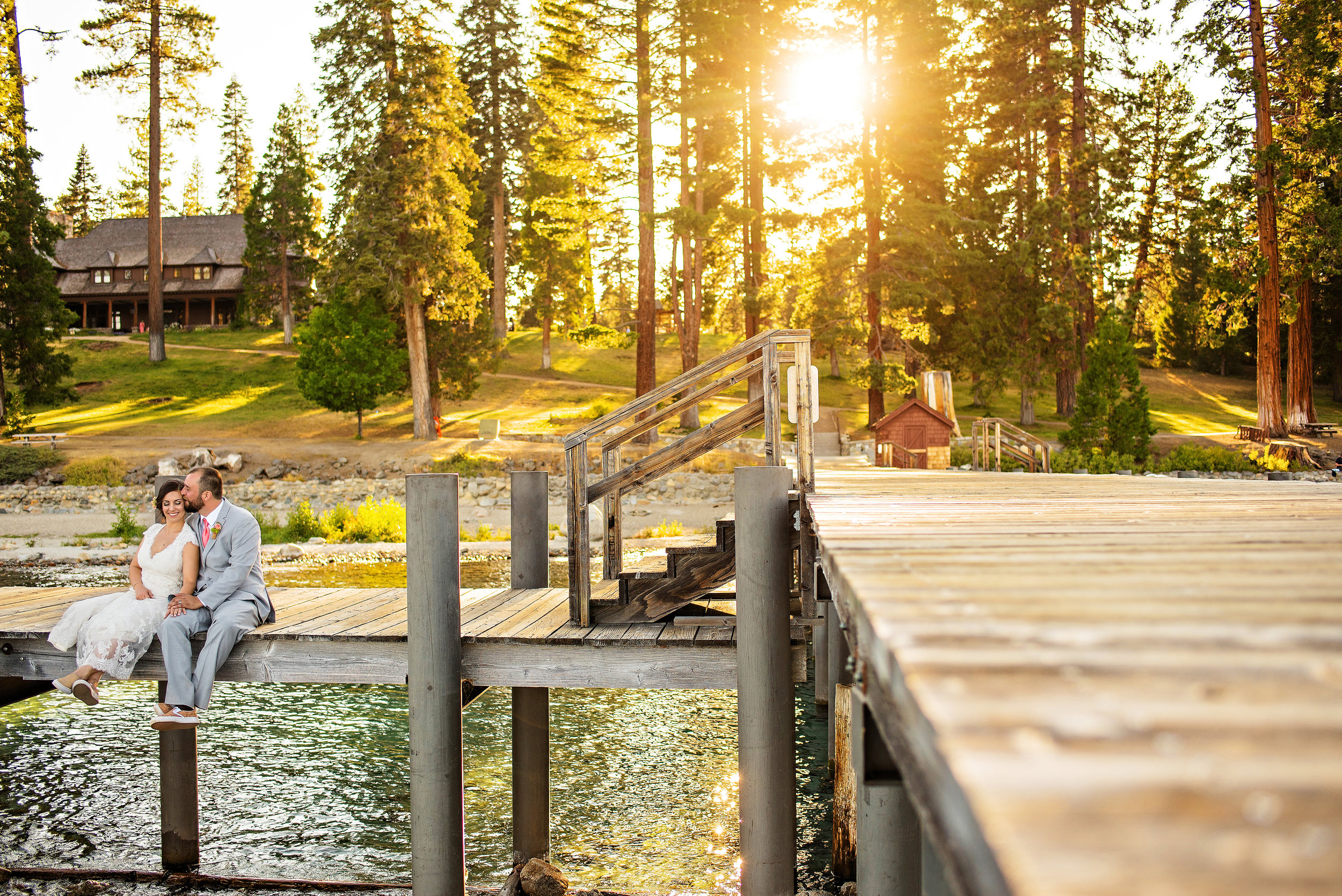  Bride and groom portrait on a dock during wedding at &nbsp;Hellman-Ehrman Mansion in Tahoe California. 