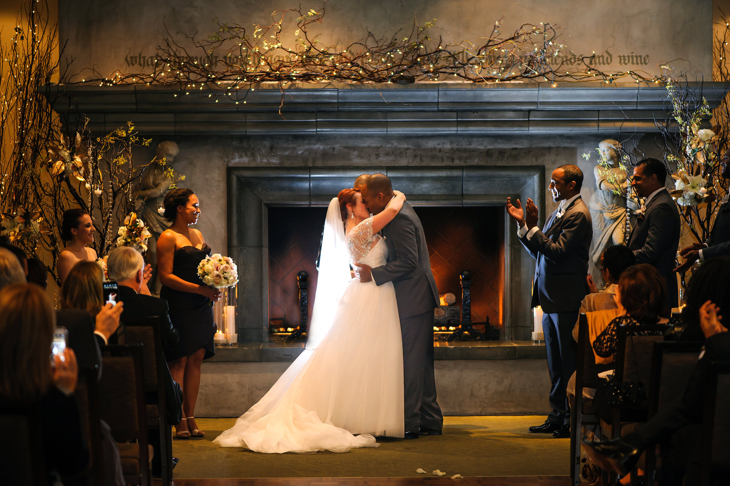  First kiss during wedding ceremony at Wine and Roses in Lodi California. 