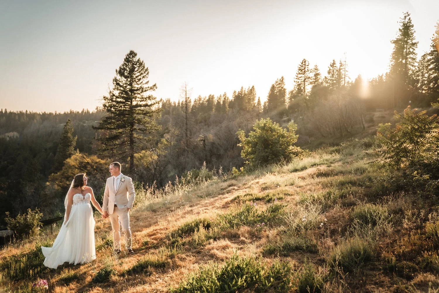 bride and groom stand on a hillside at sunset on their wedding day at Mountain Shadows in Foresthill, CA