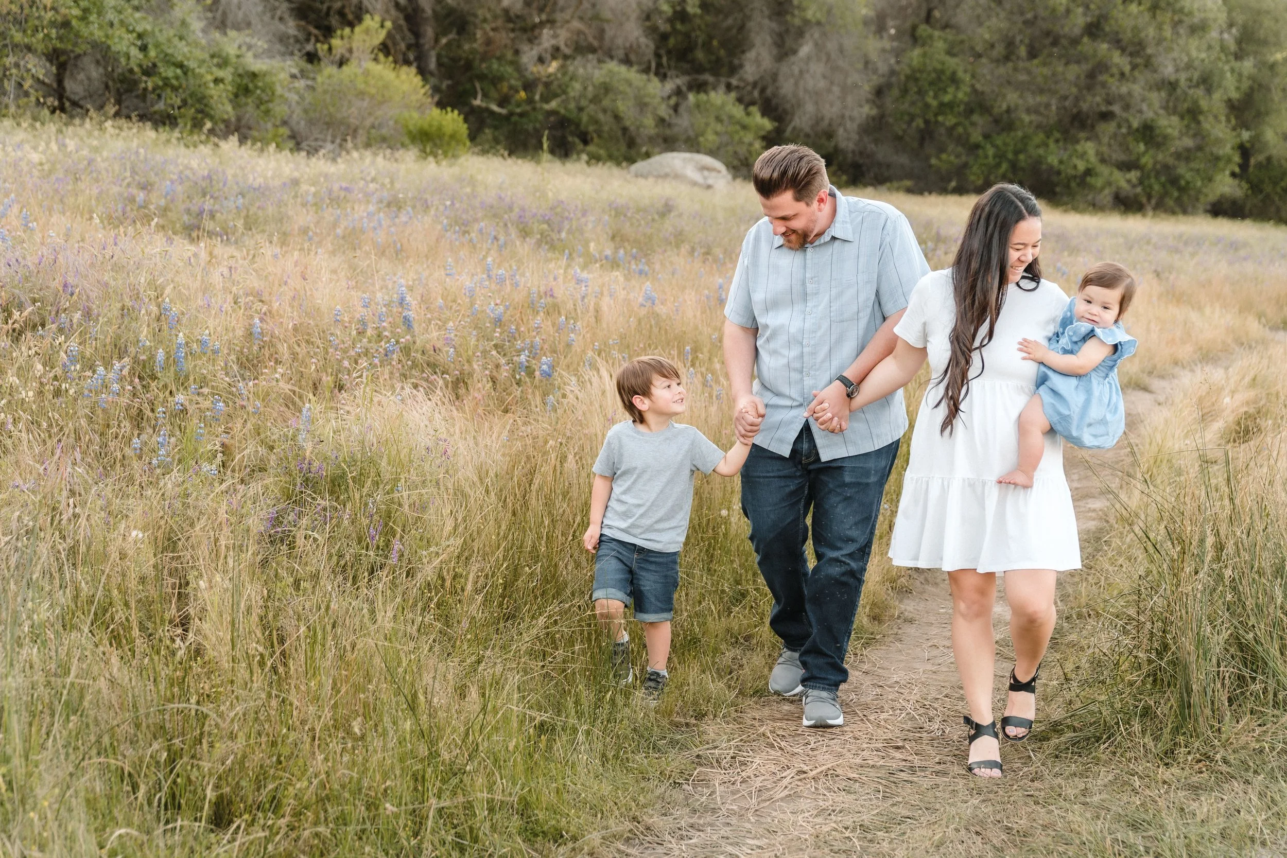 A family of four walking outside on a trail through a grassy field with wildflowers, trees, and rocks in the background during a family photo session with Sacramento family photographer Katherine Nicole Photography. 