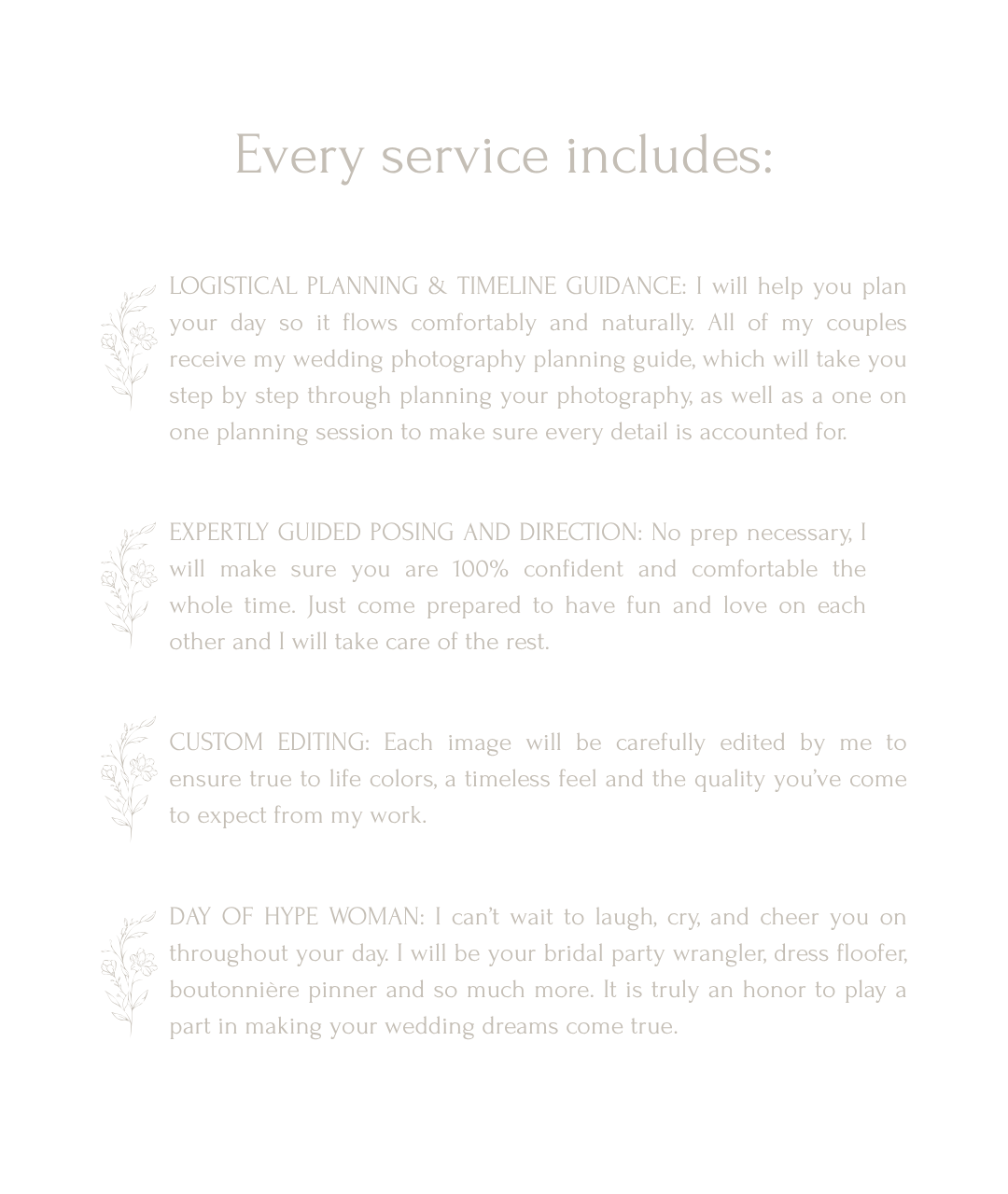 A list of included services for Katherine Nicole Photography