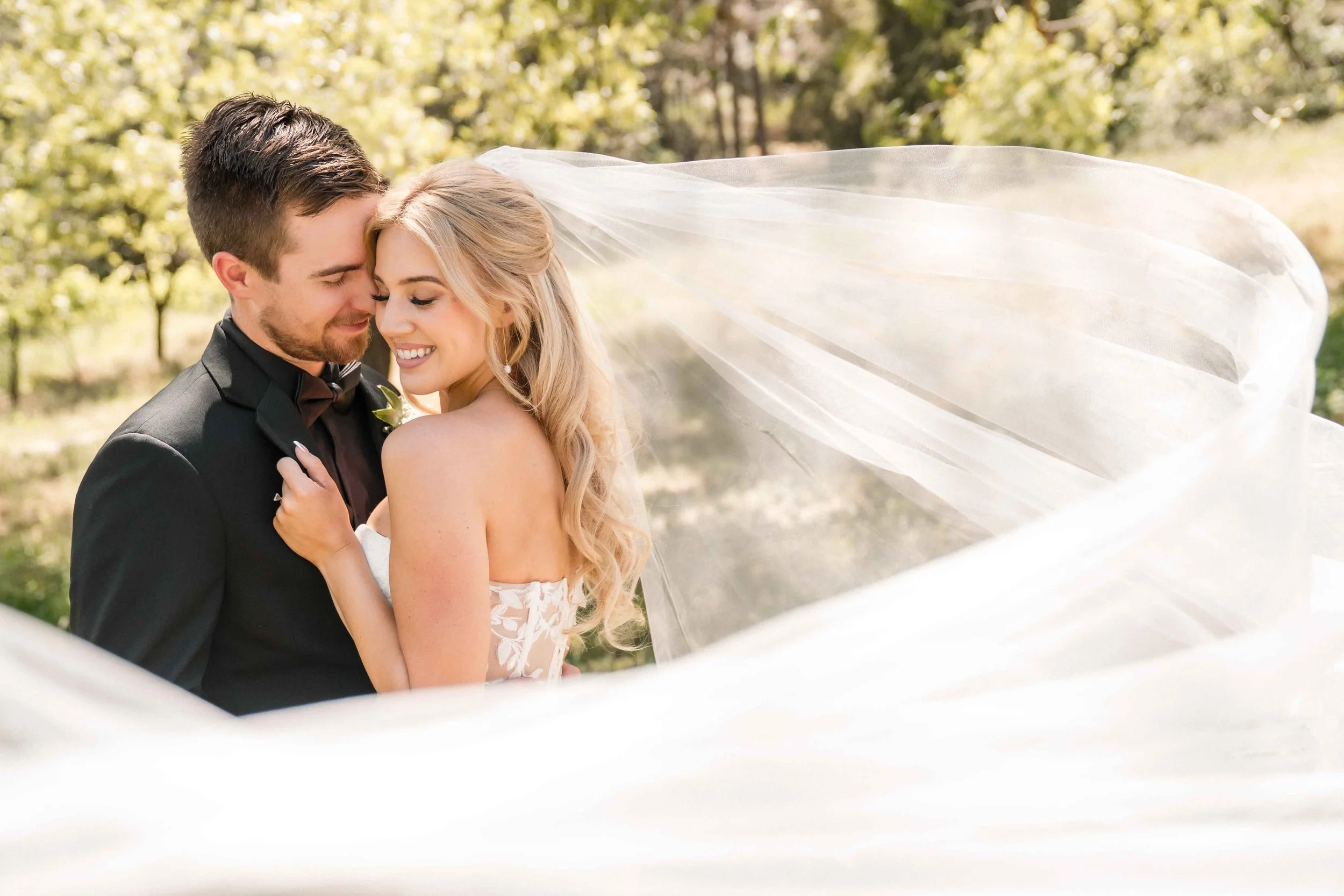 Spring wedding at the Monte Verde Inn with the veil flowing in the wind