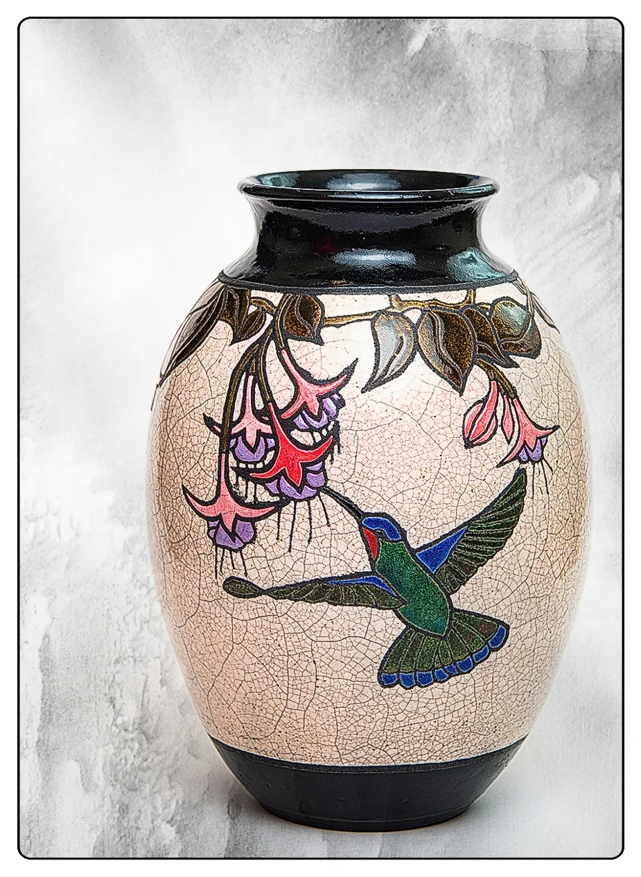 Hummingbird and Fuchias Vase