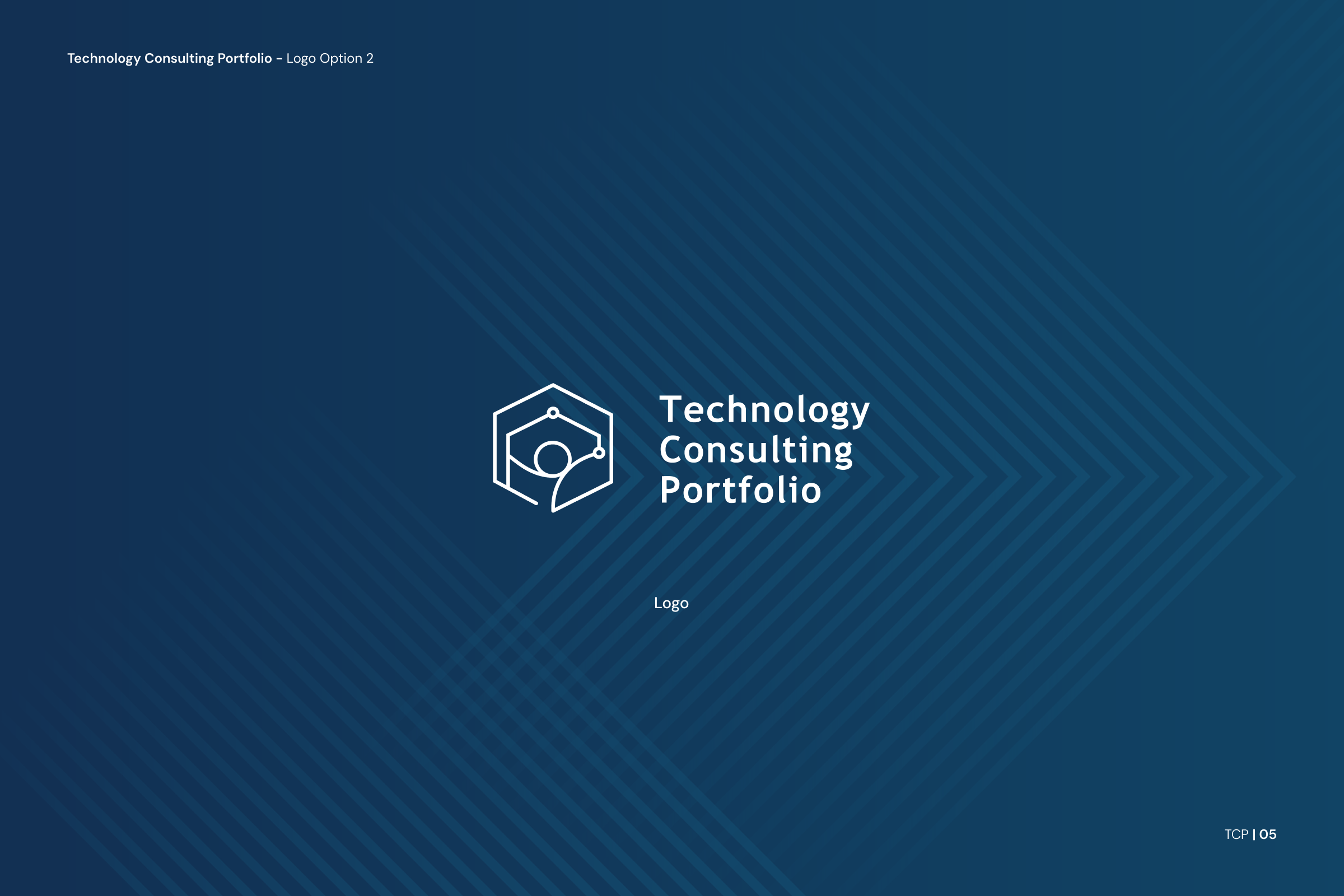 Slide from a presentation titled 'Technology Consulting Portfolio - Logo Option 2'. It features a geometric logo icon and the text 'Technology Consulting Portfolio' in the center against a blue background with diagonal lines.