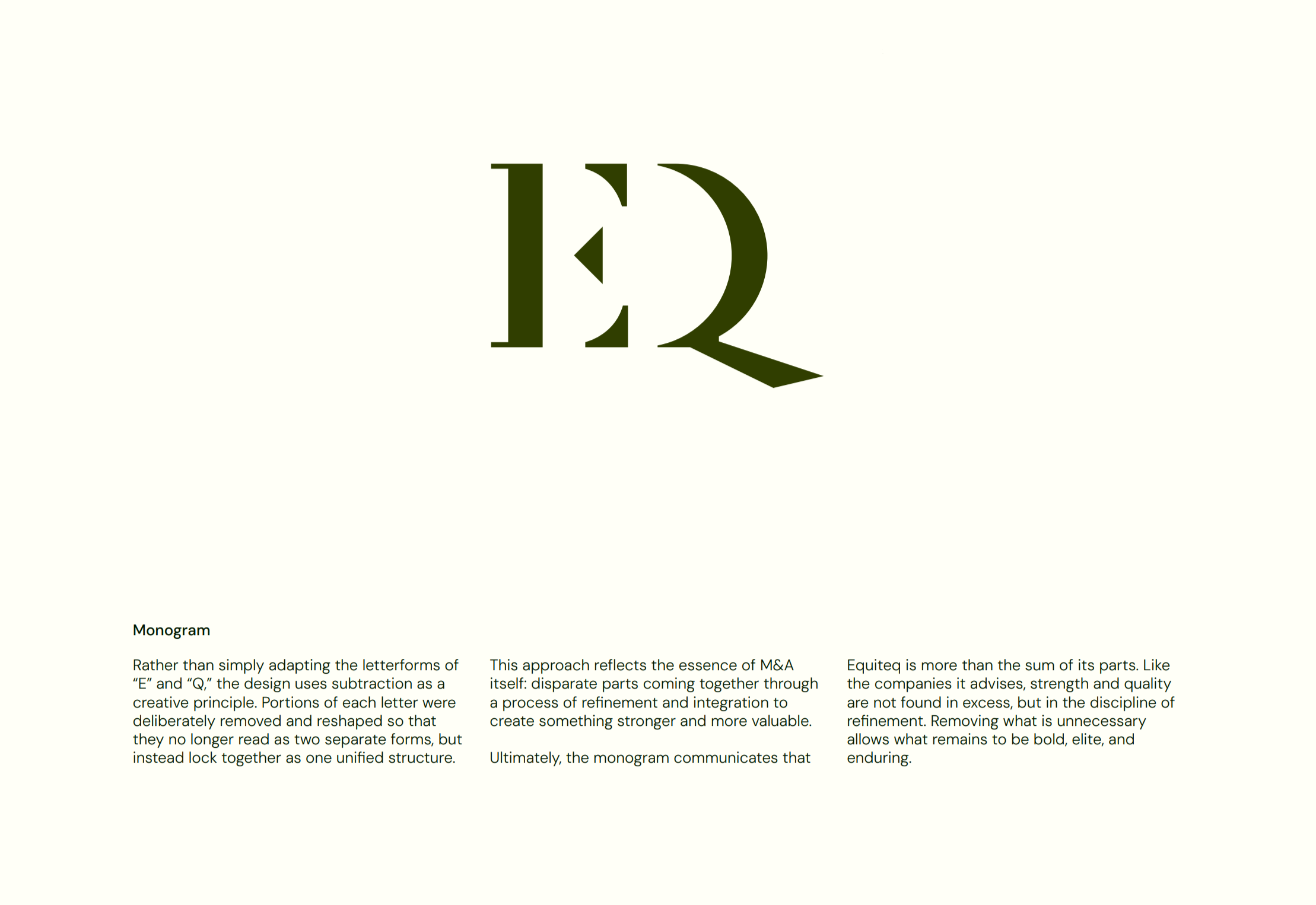 A monogram design combining the letters 'E' and 'Q', with accompanying text explaining the concept of a monogram and its significance in design.