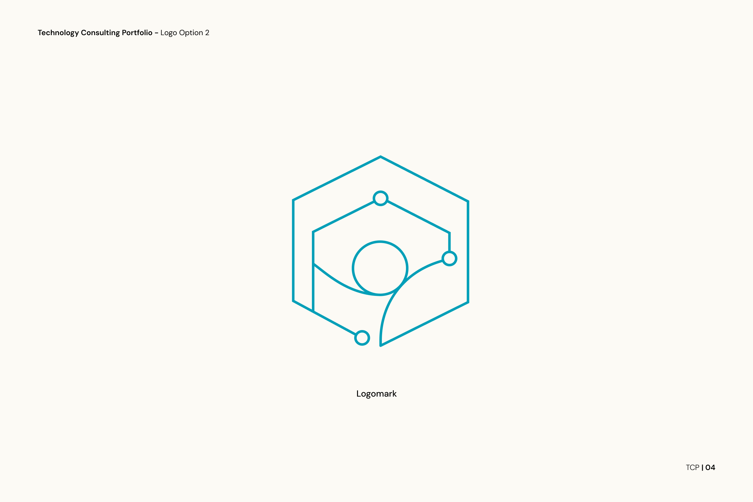 A minimalist logo with geometric lines forming a hexagon, a circle, and connecting dots, labeled as 'Logomark', on a light background.