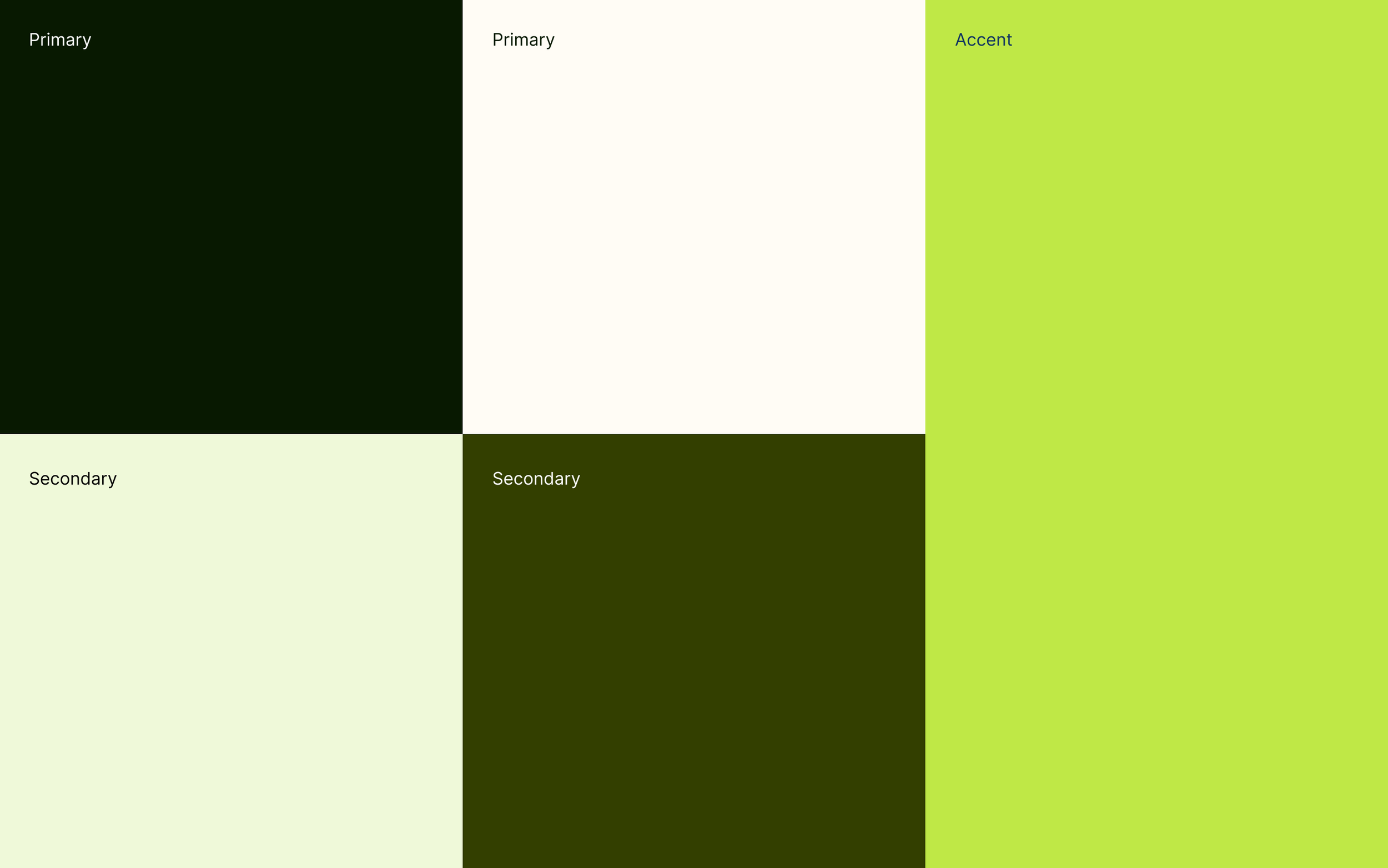 Color palette with swatches labeled Primary, Secondary, and Accent in various shades of green and off-white.