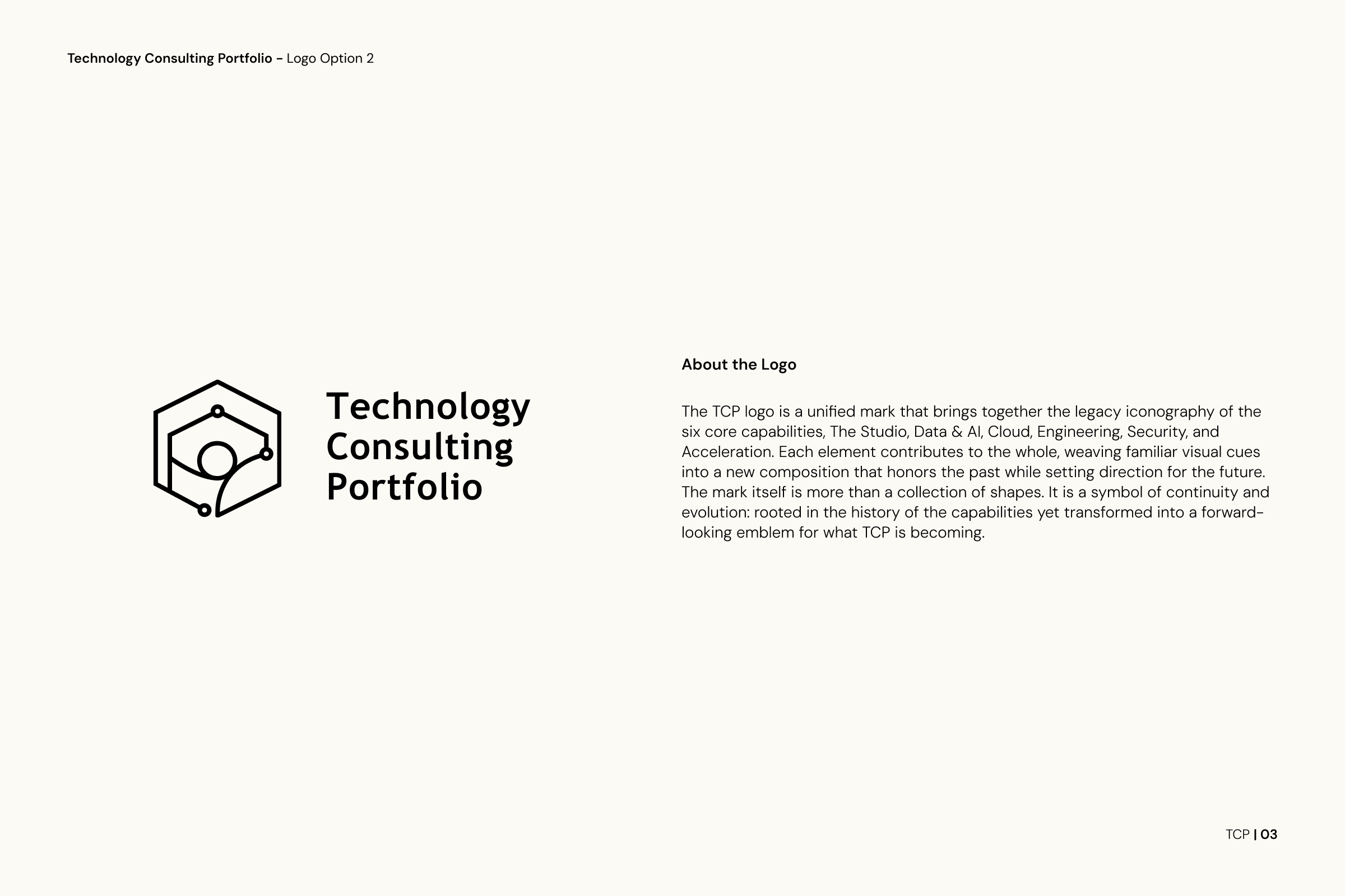 Technology consulting portfolio page with a black and white logo of interconnected hexagons and circles, alongside a description about the TCP logo and its significance.
