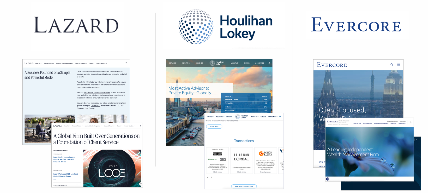 Computer screens displaying websites for Lazard, Houlihan Lokey, and Evercore, with logos and homepage content for each financial firm.
