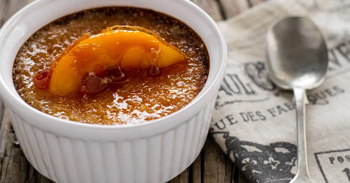 A sneak-peek at Iron Goat's 2018 Canmore Uncorked dessert selection: peach bourbon crème brûlée - and how you can make it at home! (Photo: RhodesQuality.com)