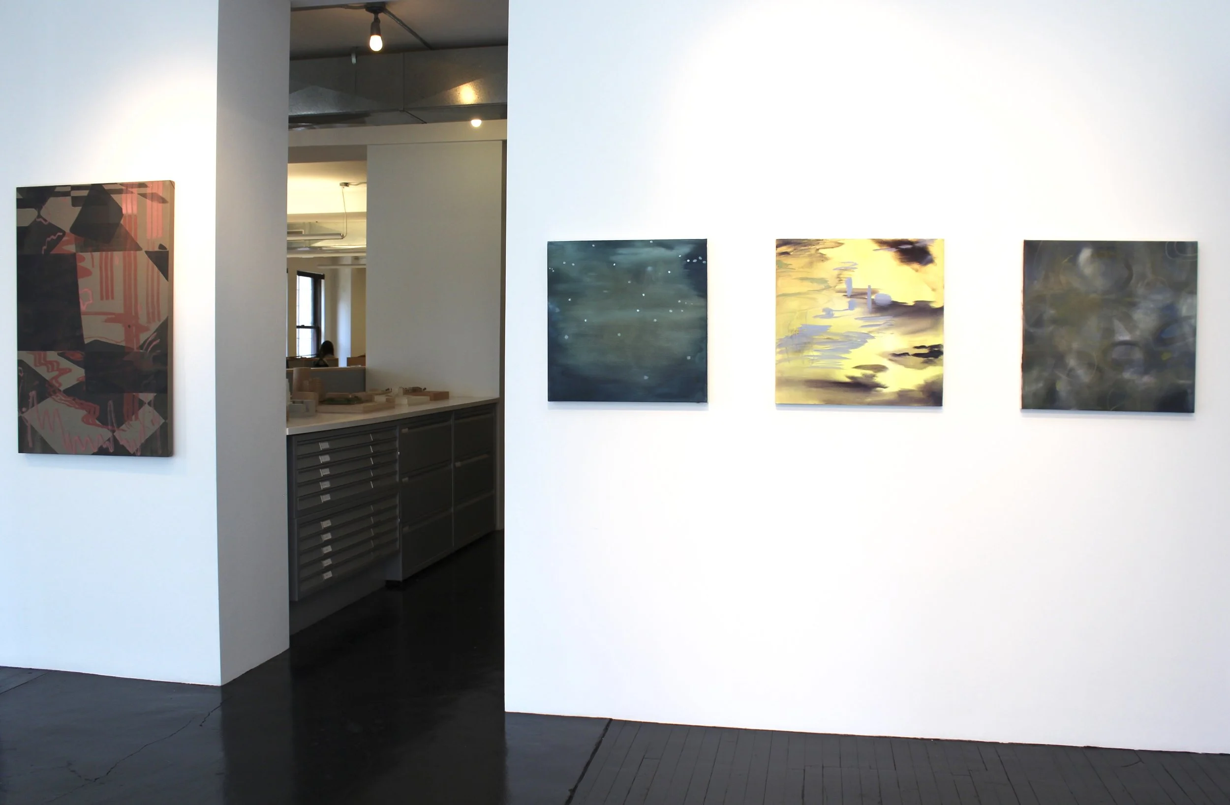 (From Left to Right: Pepote Rouge, 2014, silkscreen, 42 x 30 inches; Rocks on the Bottom with Sprinkles on Top, 2014, oil on canvas, 24 x 24 inches; Three Phrases in Three Hours, 2013, oil on canvas, 24 x 24 inches; Unkept, 2013, oil on canvas, 24 x 24 inches) Turn On & Tune In , Rosie Quick @ Deborah Berke Partners, August 2015