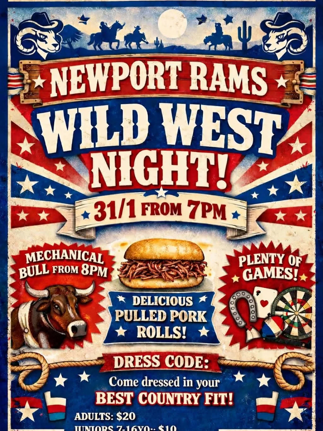 𝐘𝐞𝐞𝐡𝐚𝐰 𝐍𝐞𝐰𝐩𝐨𝐫𝐭 🤠🌵

Wild West Night is coming to 𝐍𝐞𝐰𝐩𝐨𝐫𝐭 𝐁𝐚𝐬𝐞𝐛𝐚𝐥𝐥 𝐂𝐥𝐮𝐛 and it&rsquo;s shaping up to be a ripper!

📅 Saturday 31 Jan
⏰ From 7pm
🐂 Mechanical bull from 8pm
🍔 Delicious pulled pork rolls
🎯 Plenty of g