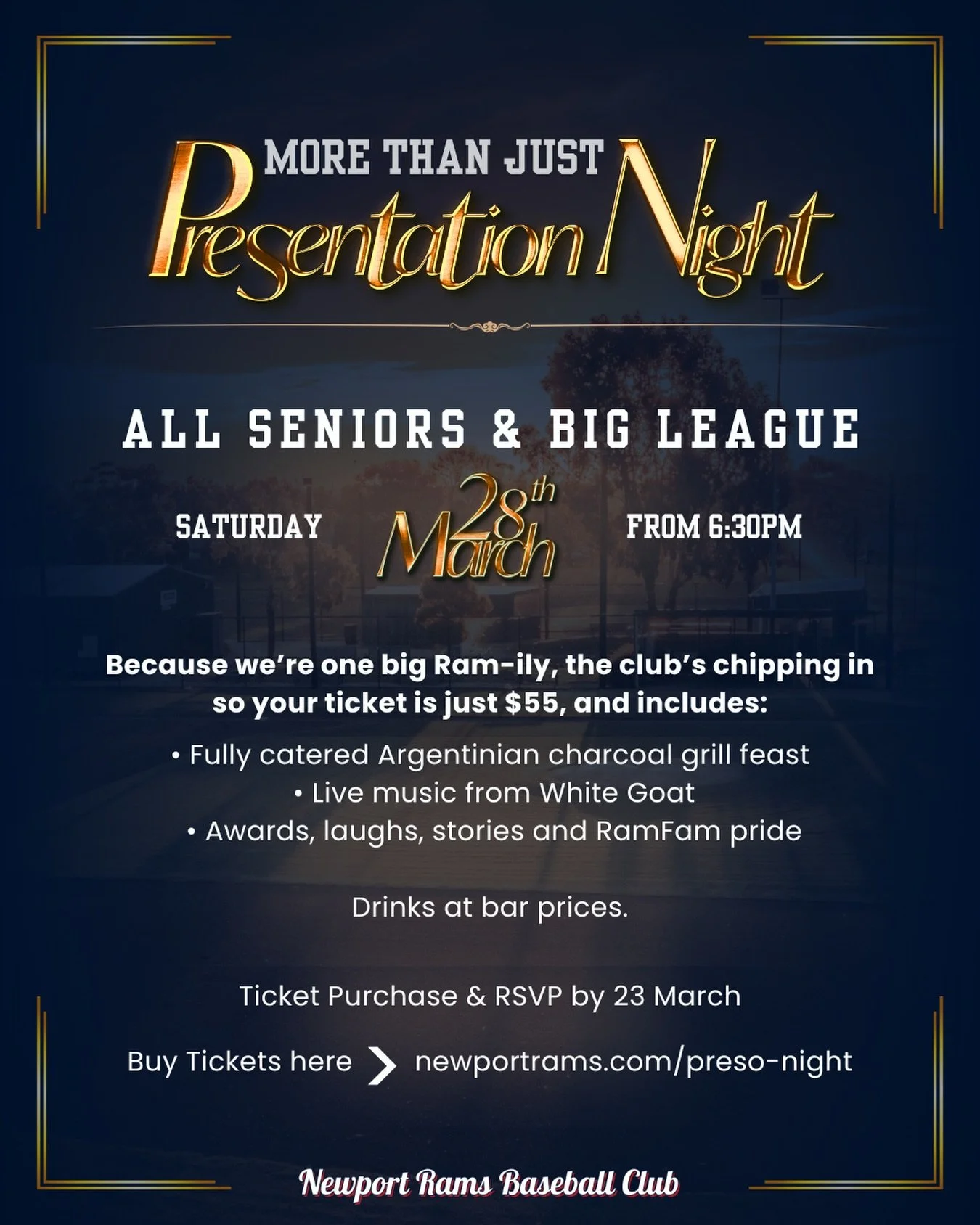 𝐒𝐄𝐍𝐈𝐎𝐑 𝐏𝐑𝐄𝐒𝐎 𝐍𝐈𝐆𝐇𝐓

We&rsquo;re not just a baseball club.  We&rsquo;re Ram-ily.

We&rsquo;re players, volunteers, parents, coaches, supporters&hellip; everyone who makes this place feel like home.

Senior Presentation Night is our cha