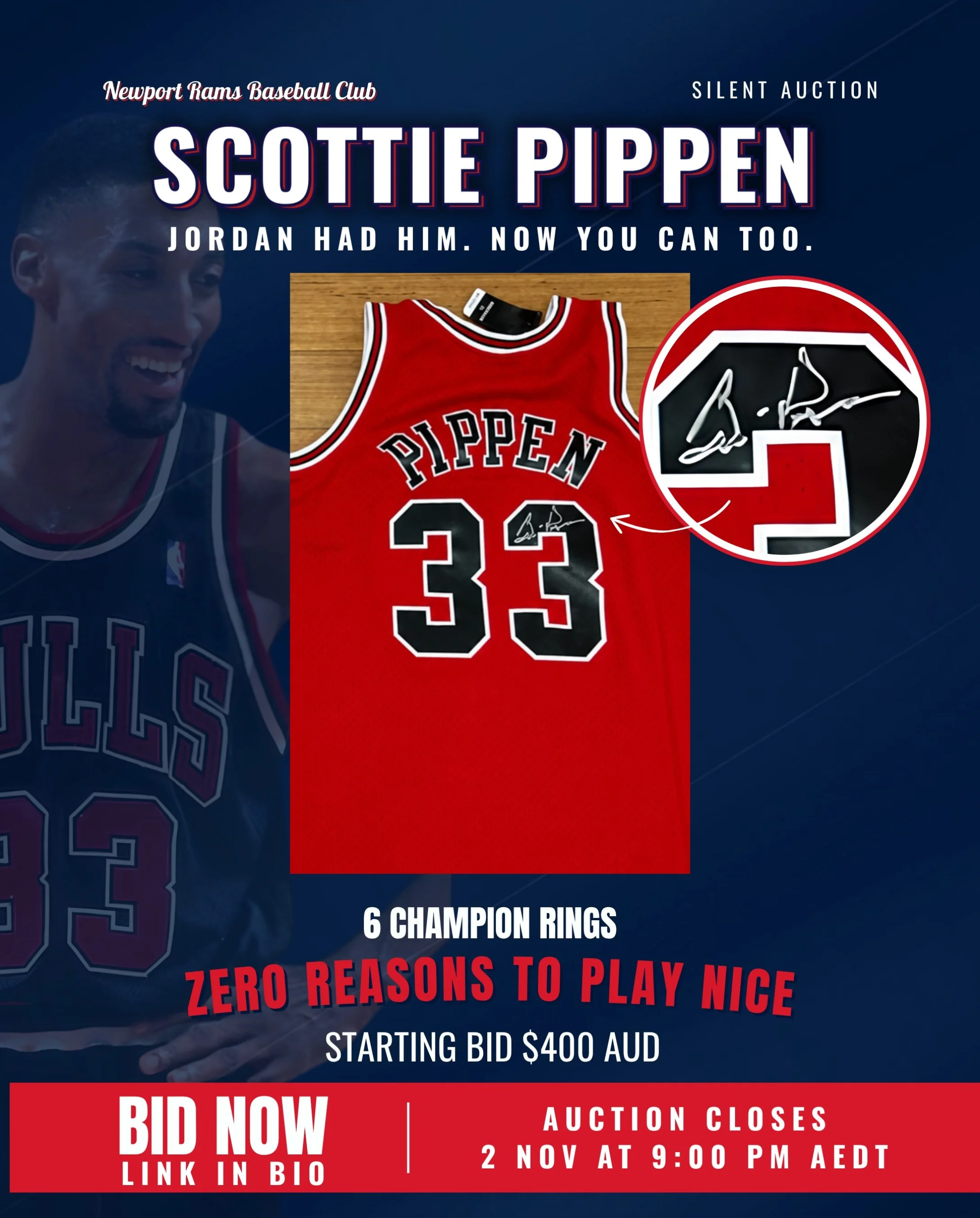 SCOTTIE PIPPEN. SIX RINGS. ONE VERY DANGEROUS AUCTION.

The man helped build a Chicago Bulls dynasty, and somehow we&rsquo;ve got a jersey signed by him up for grabs.

Roxy&rsquo;s already mentally redecorated the house around it.

Rambo mentioned th