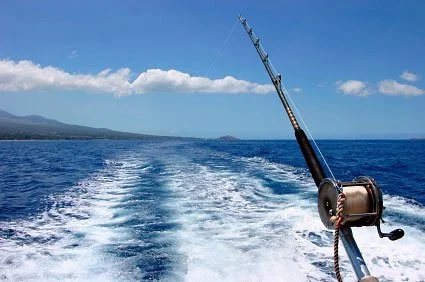Fishing rods on the back of a charter boat at sea