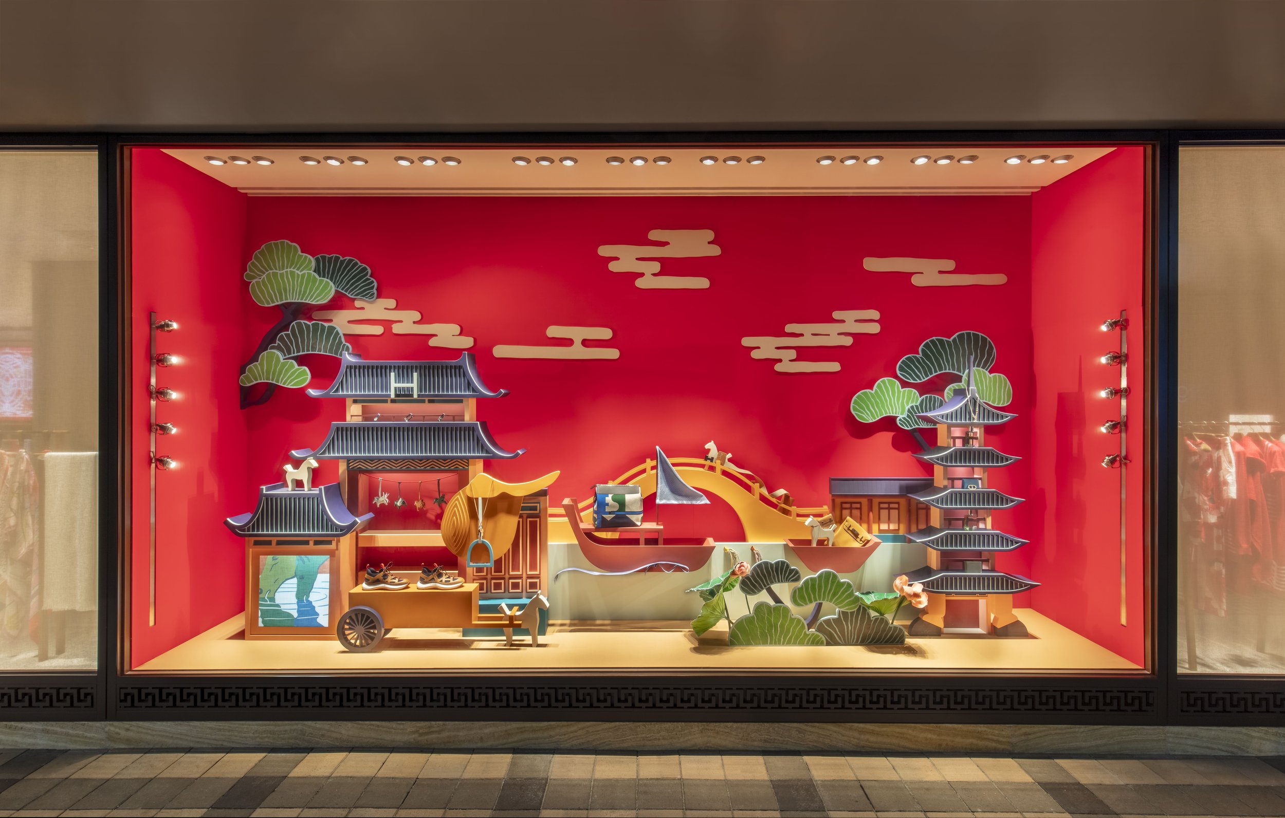 Hermes window design by Cynthia Mak inspired by Along the River During the Qingming Festival in Hong Kong and Macau
