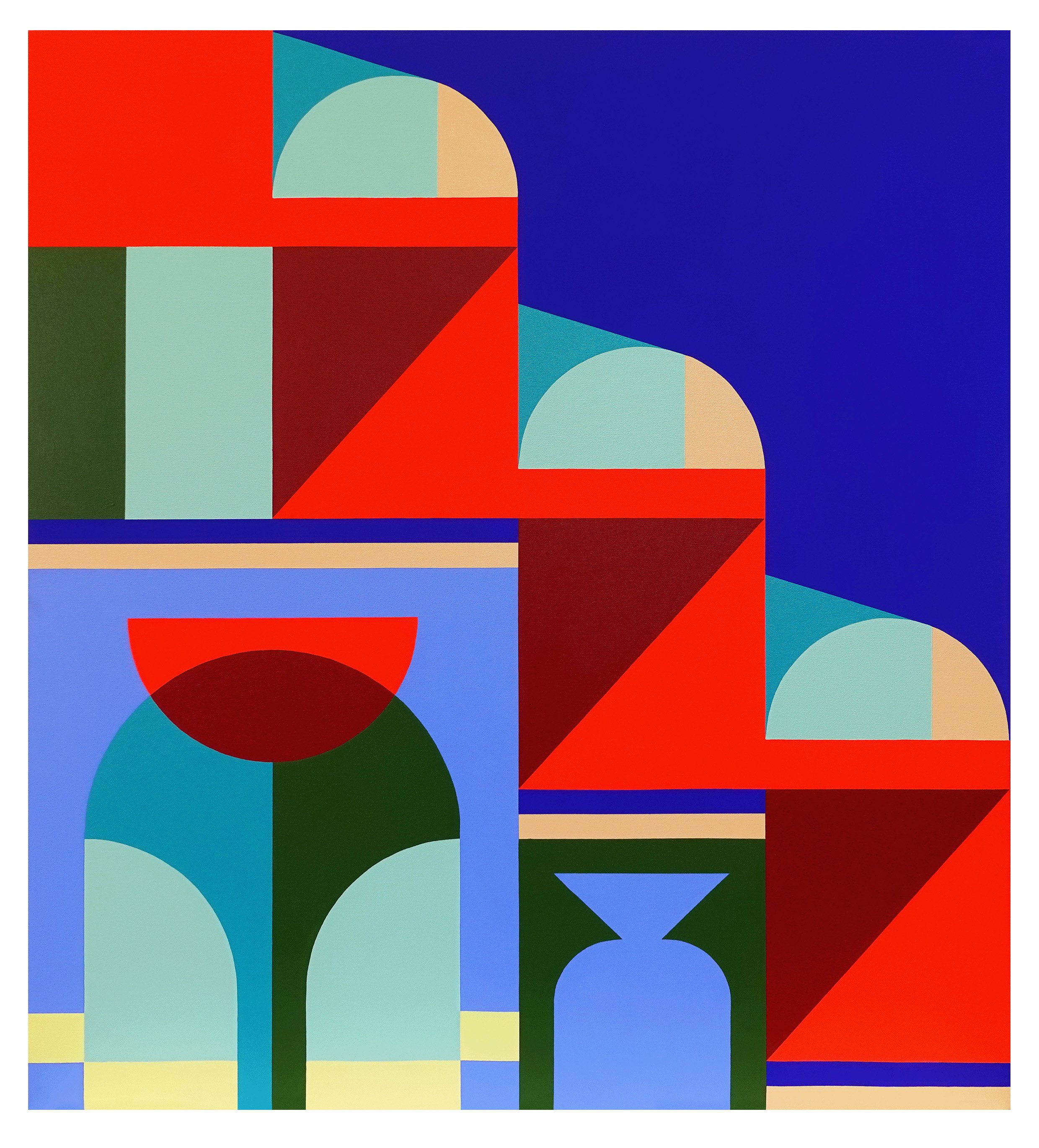 Cynthia Mak, Facade V, 2026. From the solo exhibition "The Architecture of Joy." This geometric work reimagines structural thresholds using a dynamic composition of arches, domes, and contrasting warm red and cool blue tones.