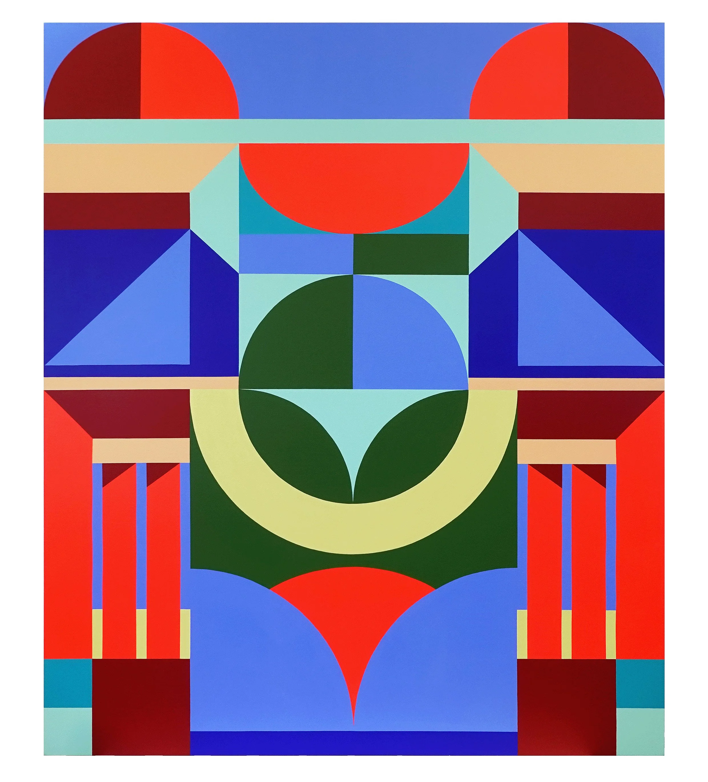 Cynthia Mak, Facade III, 2026. Featured in the solo exhibition "The Architecture of Joy." This geometric abstract painting explores architecture as an emotional vessel through sharp lines, balanced symmetry, and a bold, vibrant color palette.