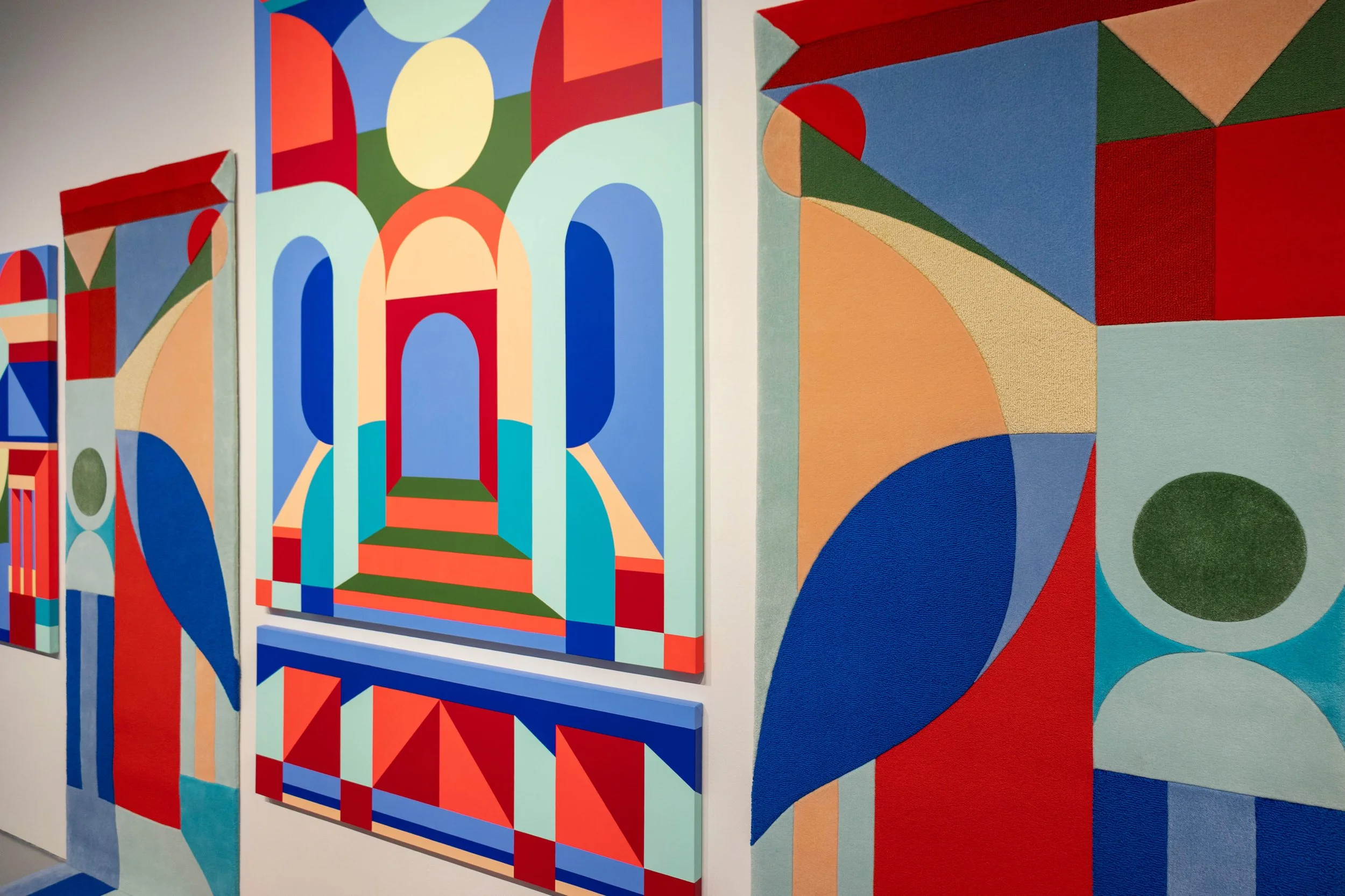 Detail view of "The Façade" by Cynthia Mak, from her solo exhibition "The Architecture of Joy." This monumental multi-panel painting installation features a bespoke collaborative carpet crafted by Hong Kong atelier Tai Ping.