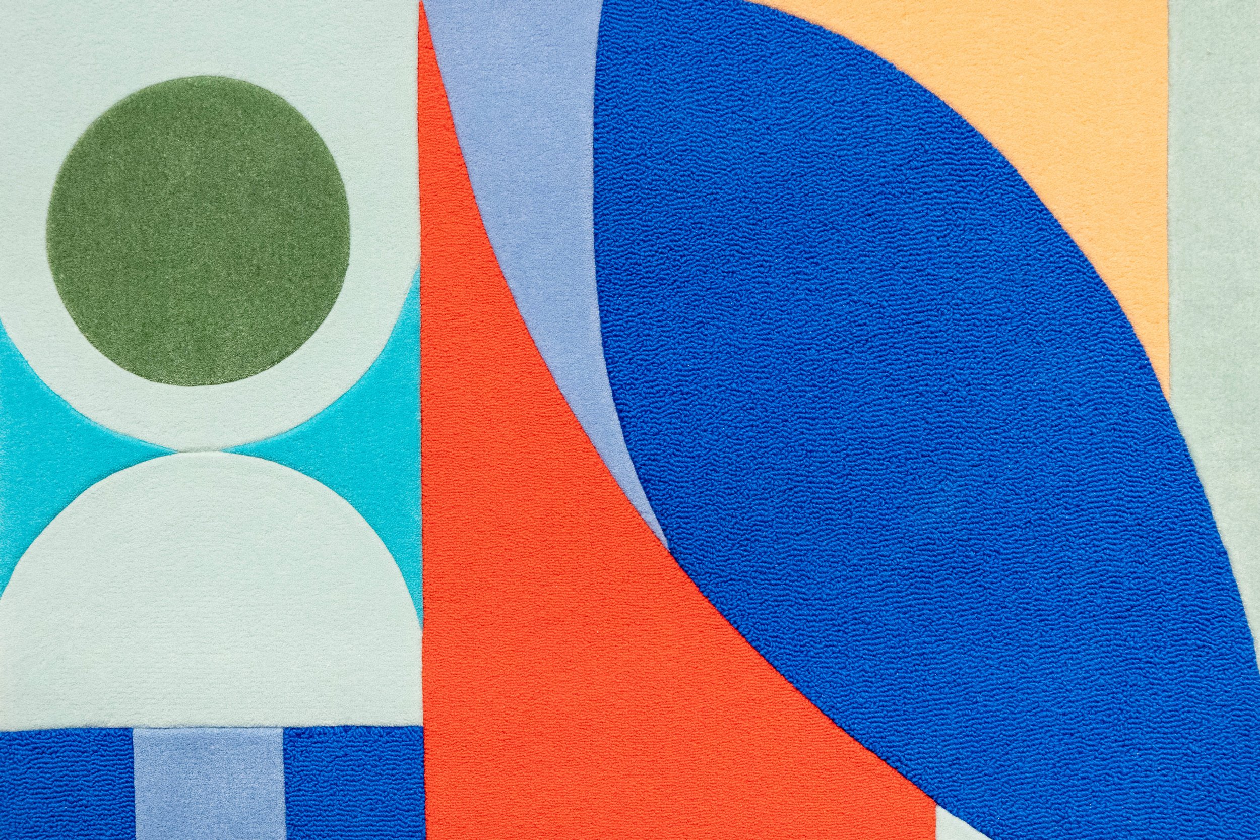 Detail view of "The Façade" by Cynthia Mak, from her solo exhibition "The Architecture of Joy." This monumental multi-panel painting installation features a bespoke collaborative carpet crafted by Hong Kong atelier Tai Ping.