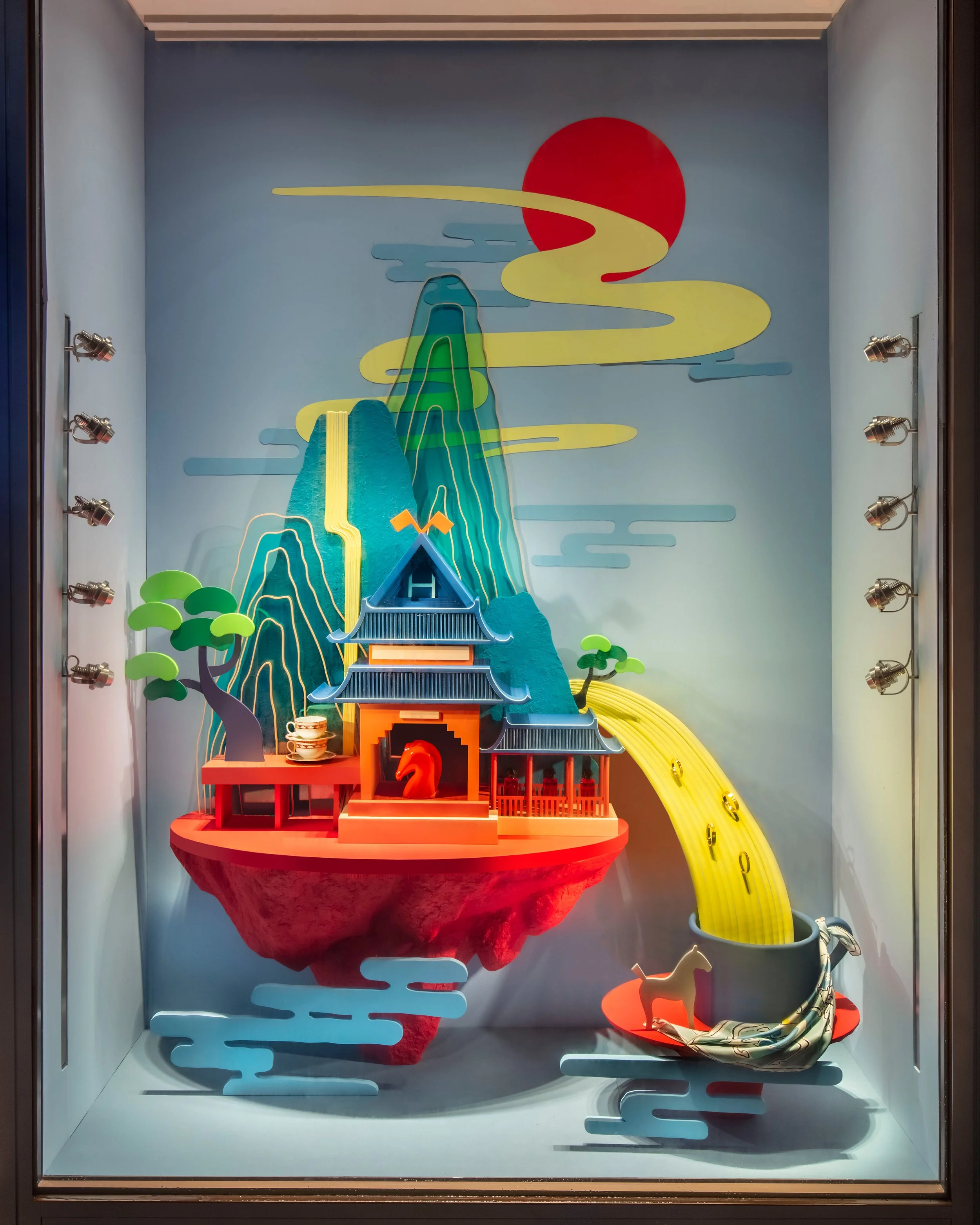 Hermes window design by Cynthia Mak inspired by Along the River During the Qingming Festival in Hong Kong and Macau