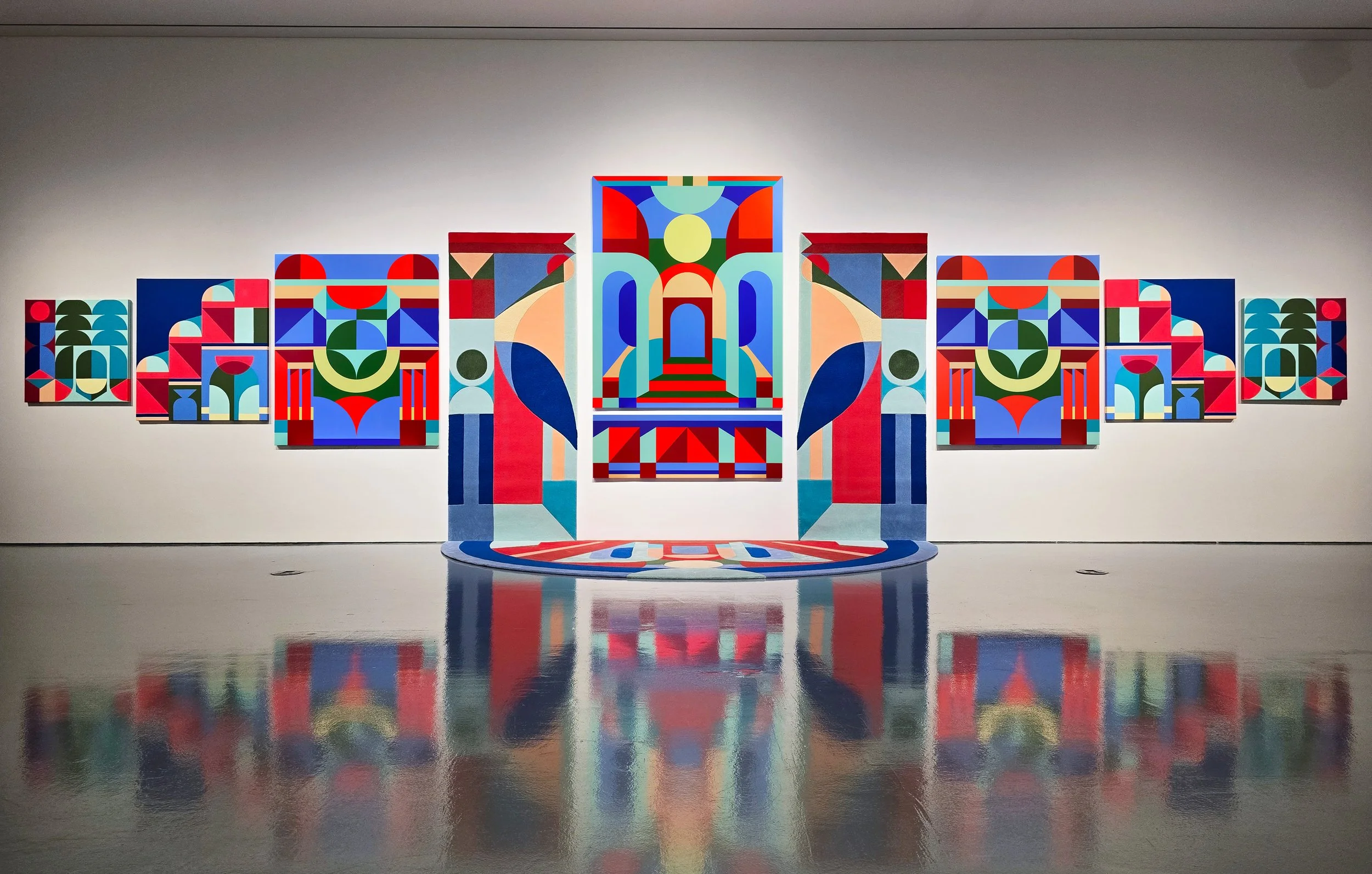 Installation view of "The Façade" by Cynthia Mak, from her solo exhibition "The Architecture of Joy." This monumental multi-panel painting installation features a collaborative carpet crafted with hong kong atelier Tai Ping.