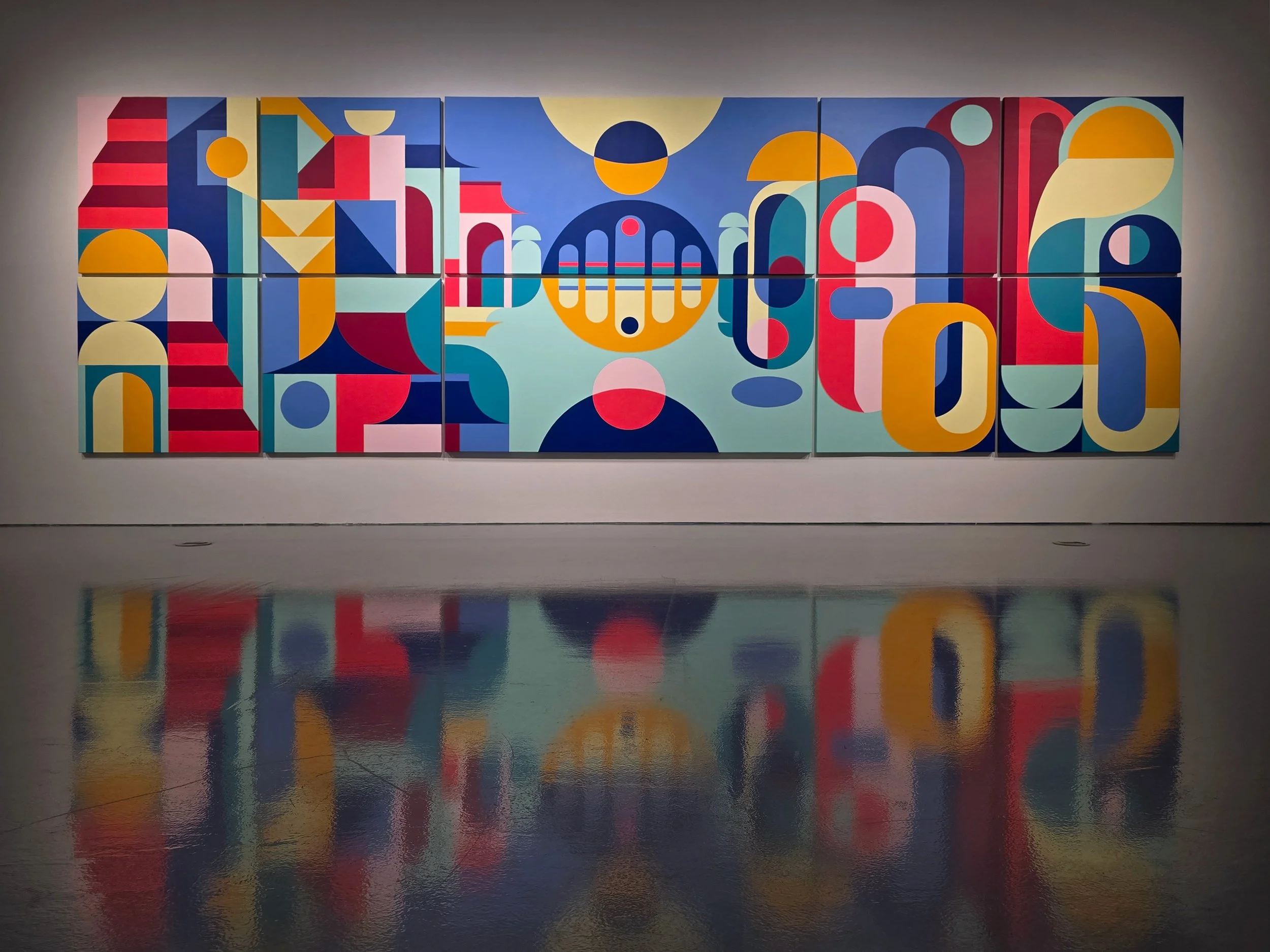 Cynthia Mak, Landscape, 2026. Installation view from the solo exhibition "The Architecture of Joy." This monumental geometric polyptych reimagines the 12th-century Chinese handscroll painting "Along the River During the Qingming Festival"