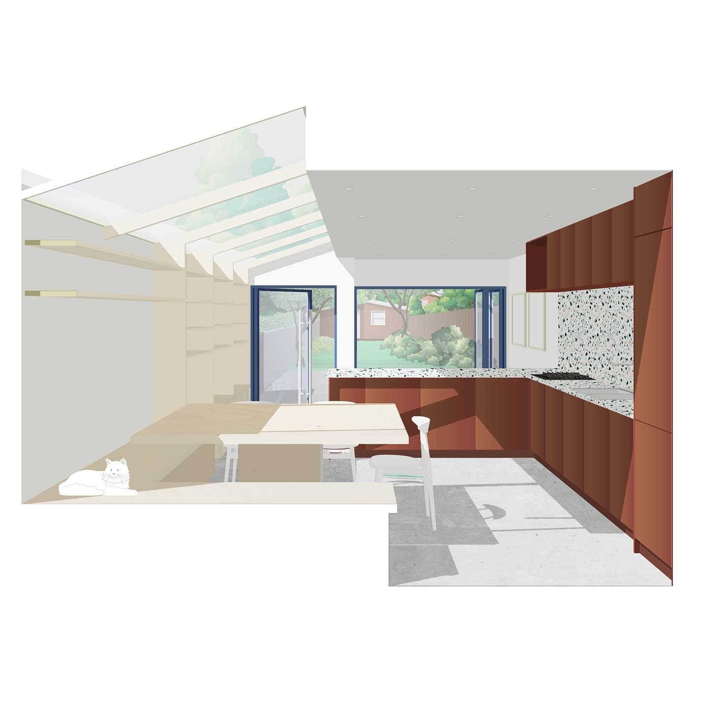 This drawing looks to illustrate the space that will be created by simply adding a side extension to this property in Teddington. The interaction between the kitchen/dining/play space has been key in arranging the space and designing the integrated f