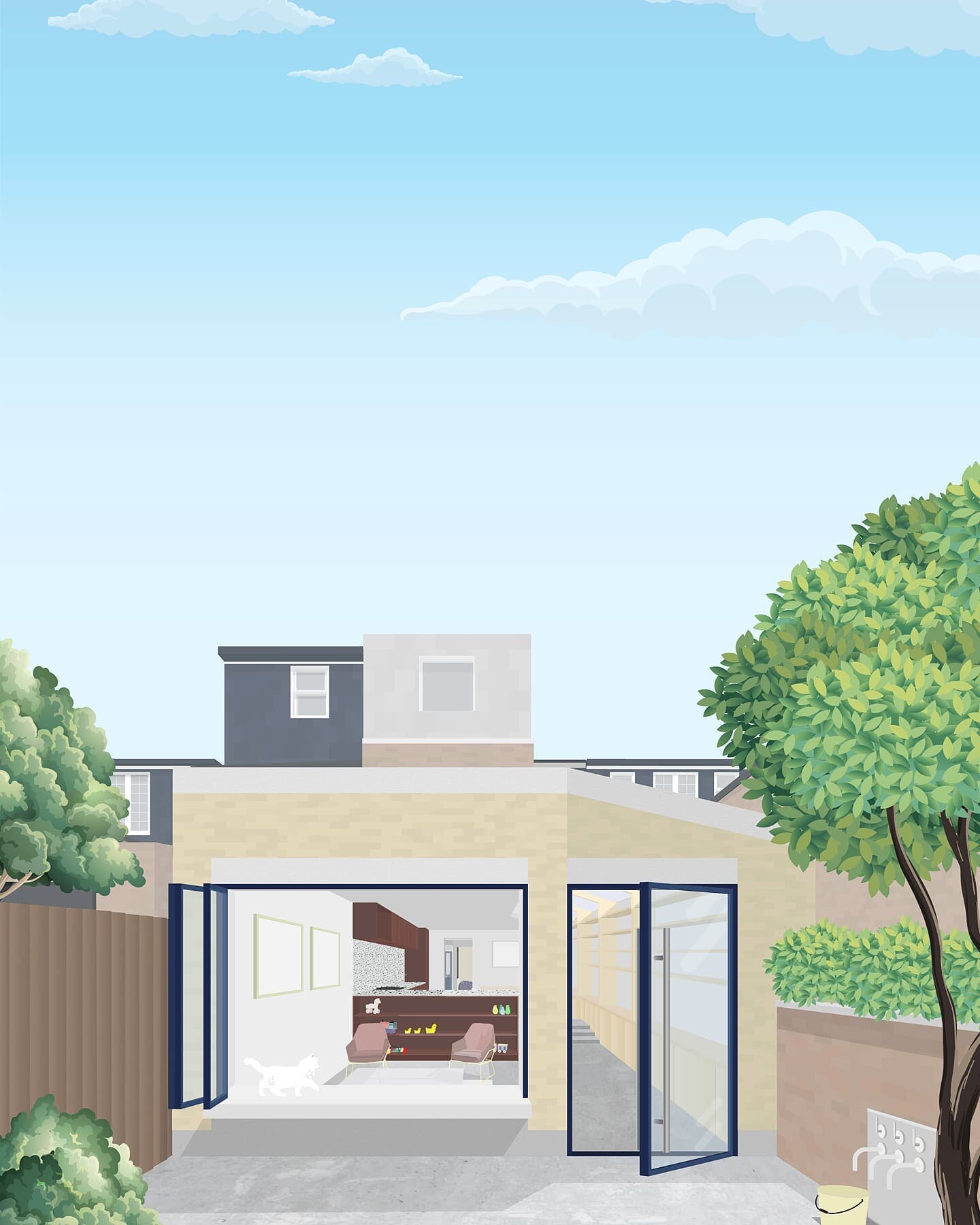 We have been developing this rear extension to a terraced property in Teddington. It features a bifolding window which can be opened up to extend the internal bench into the garden. The roof profile becomes an extrusion of the ceiling within.

#white