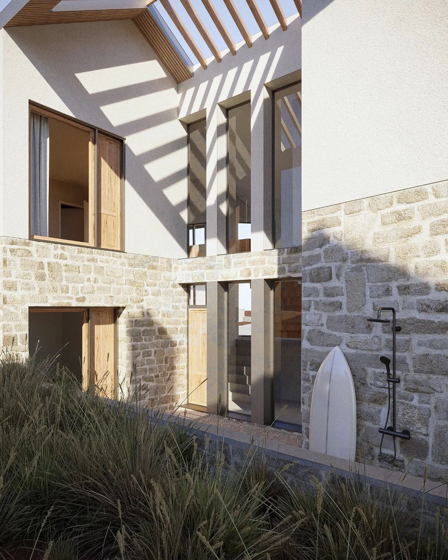 The development of this design was always led by proportions of the site. The long site required carefully positioned courtyards to form window aspect and allow light to flood the middle section of the house. This courtyard provides a secondary entra