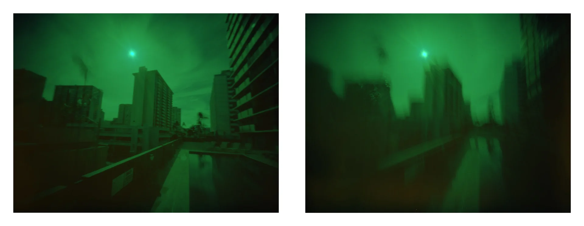 "Downtown Honolulu at 970mph" 2016. Archival Pigment Print from 4x5" X-Processed Color Slide Film. 17x44"