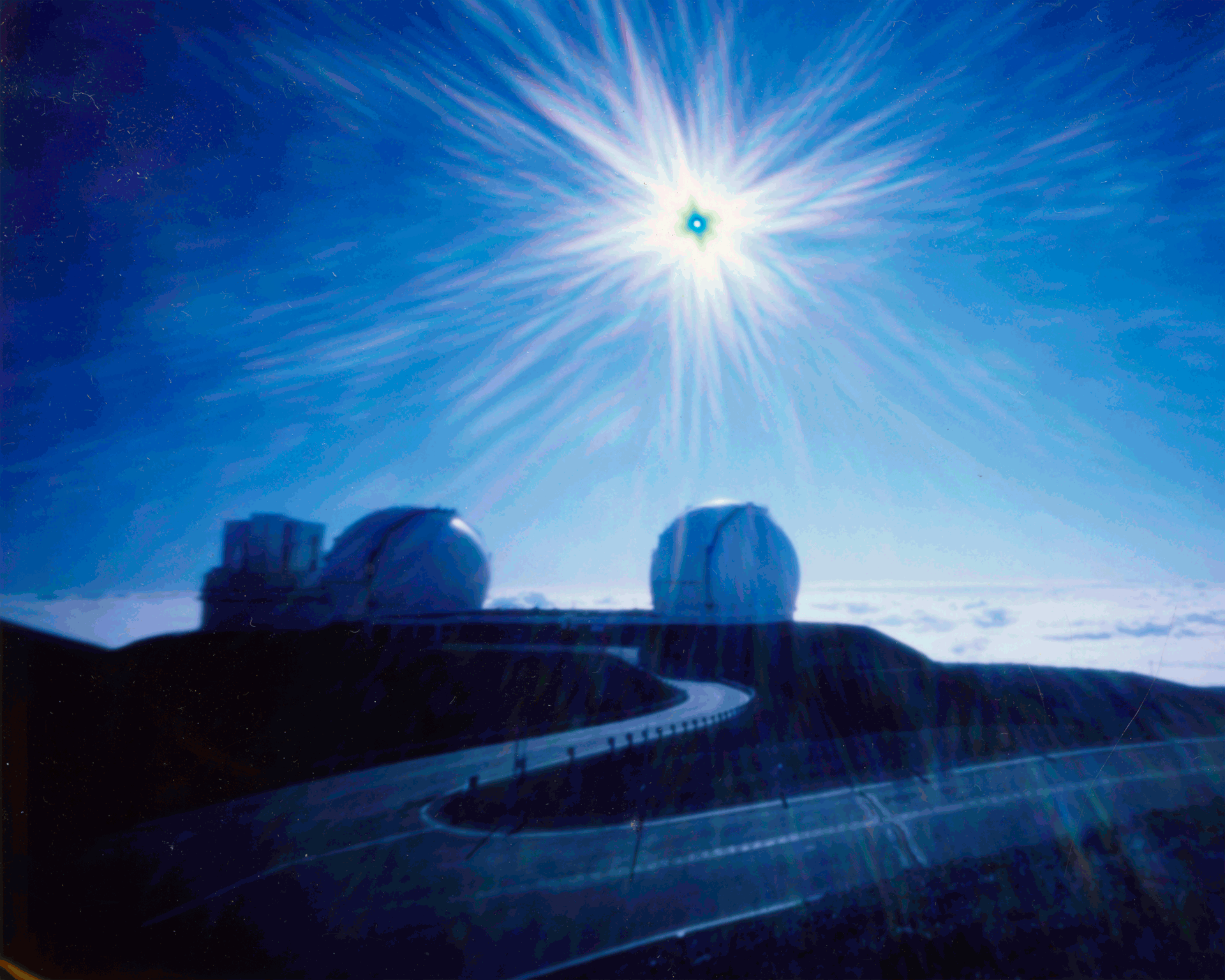 "Mauna Kea at 970MPH" 2017. Four-Image Sequence from Fujifilm FP100-C Instant Pictures. 3.25"x4.25" Duration of Exposures: 1. 7 seconds 2. 7 minutes in 1-minute intervals of 1 second 3. 15 minutes in 1-minute intervals of 1/4 seconds 4. 30 minutes in 1-minute intervals of 1/8 seconds