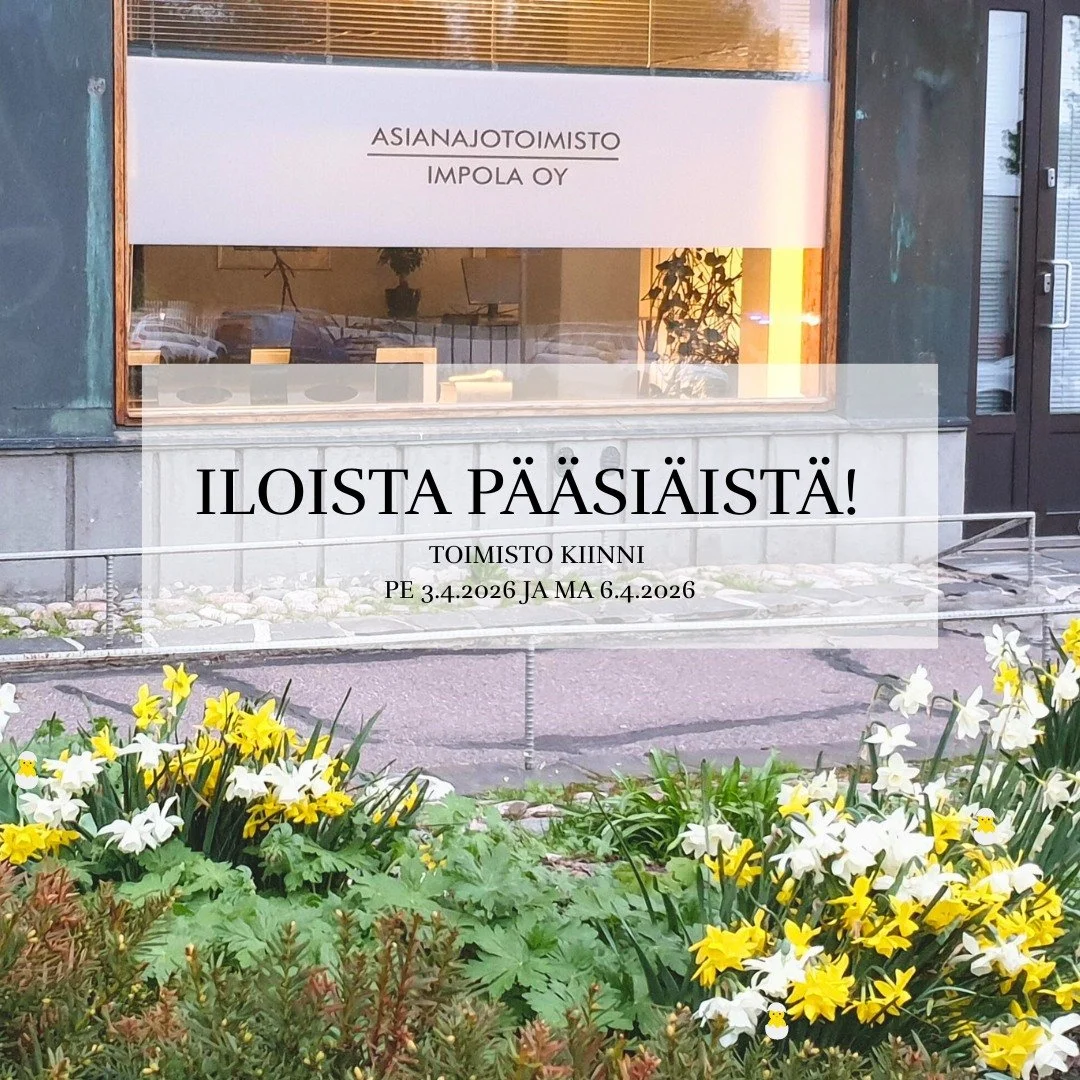 Toimisto toivottaa kaikille iloista p&auml;&auml;si&auml;ist&auml;!🐣

Olemme kiinni p&auml;&auml;si&auml;isen pyh&auml;p&auml;iv&auml;t, ja palaamme toimistolle taas tiistaina 7.4.2026.
Nautinnollisia vapaita, ja kev&auml;isi&auml; hetki&auml;!🌱

 