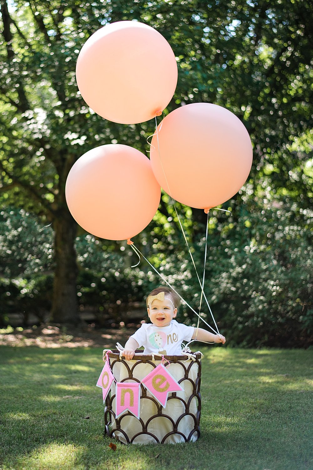 Baby girl in basket with balloons