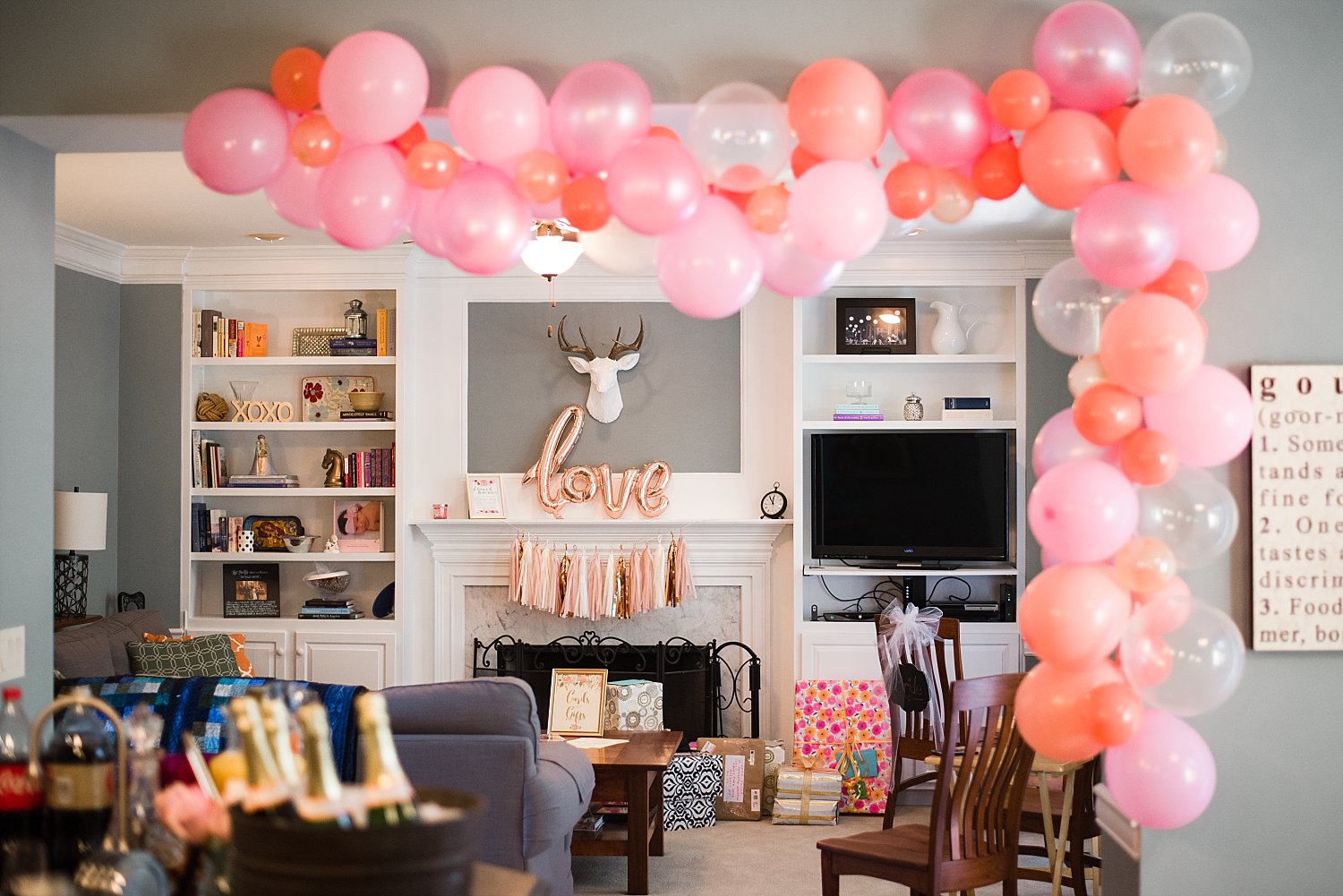 pink balloon arch and bridal shower decor