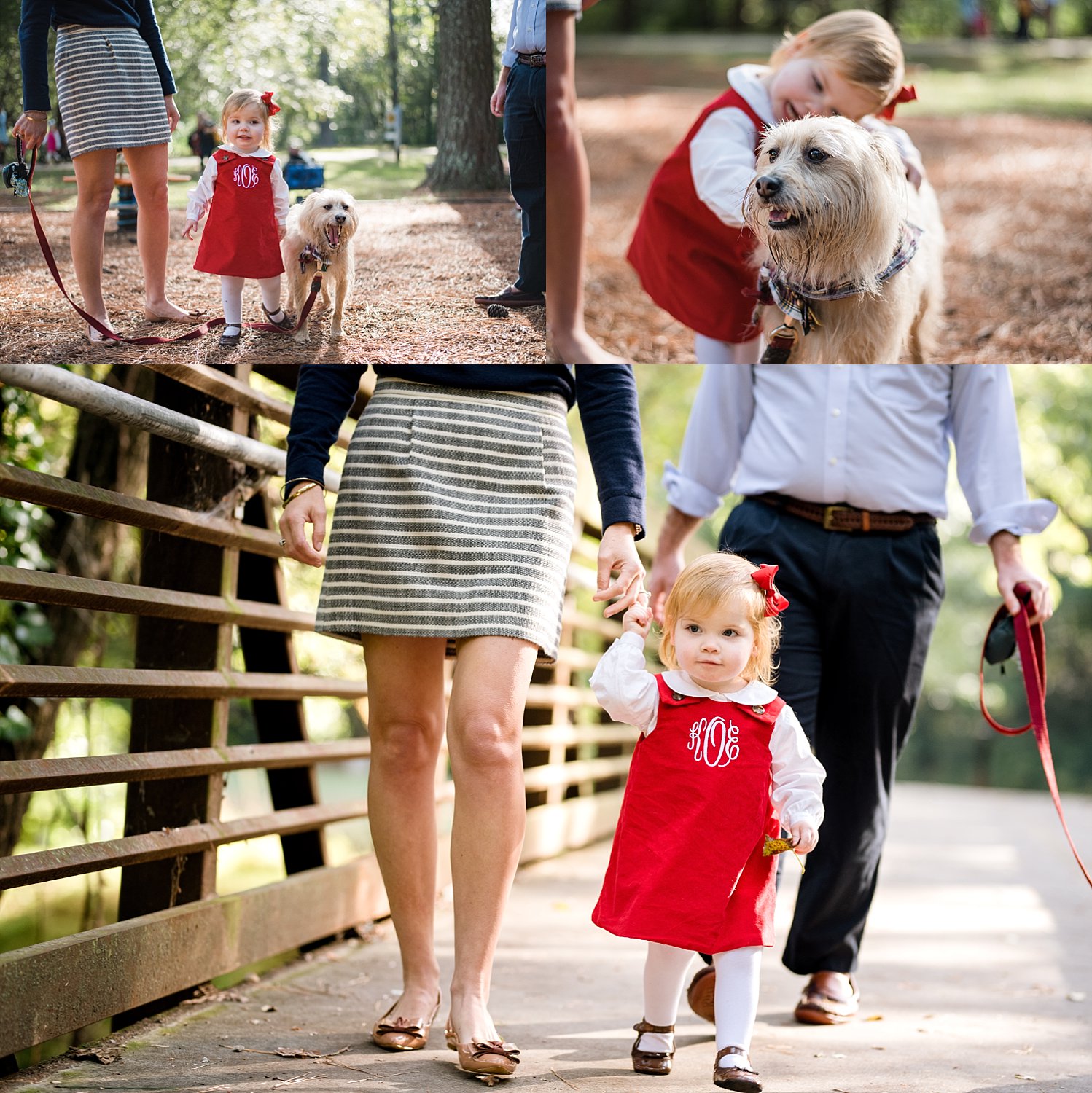 2 year old girl in red monogrammed dress with dog